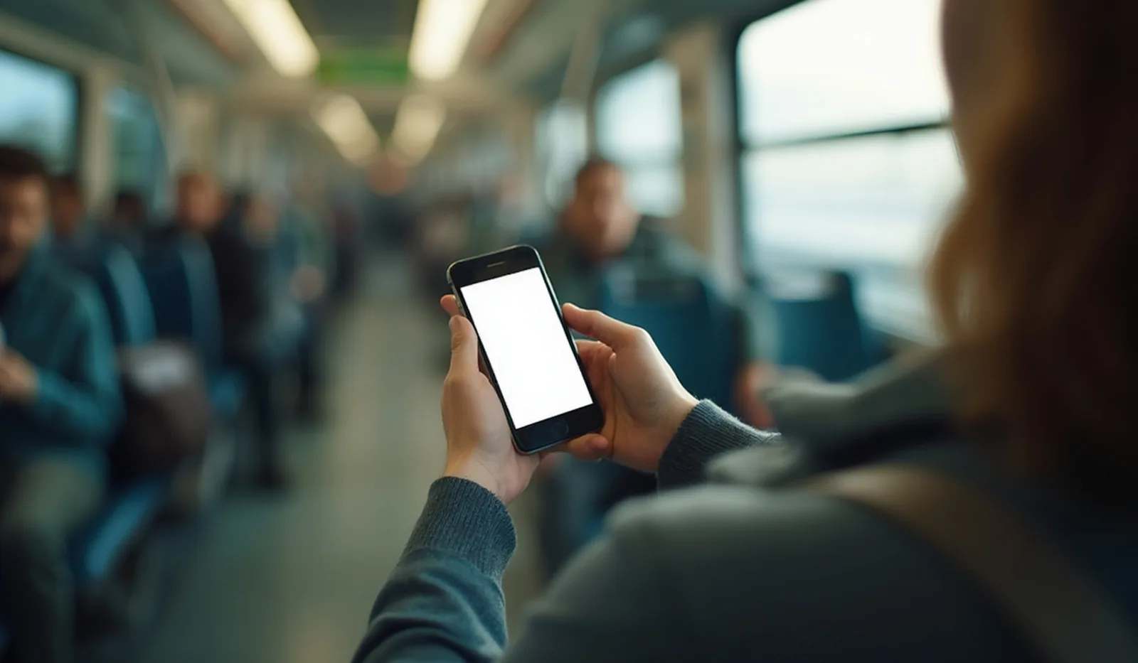 Over-the-shoulder view of a commuter's hands holding a phone with a glowing blank screen on a morning train