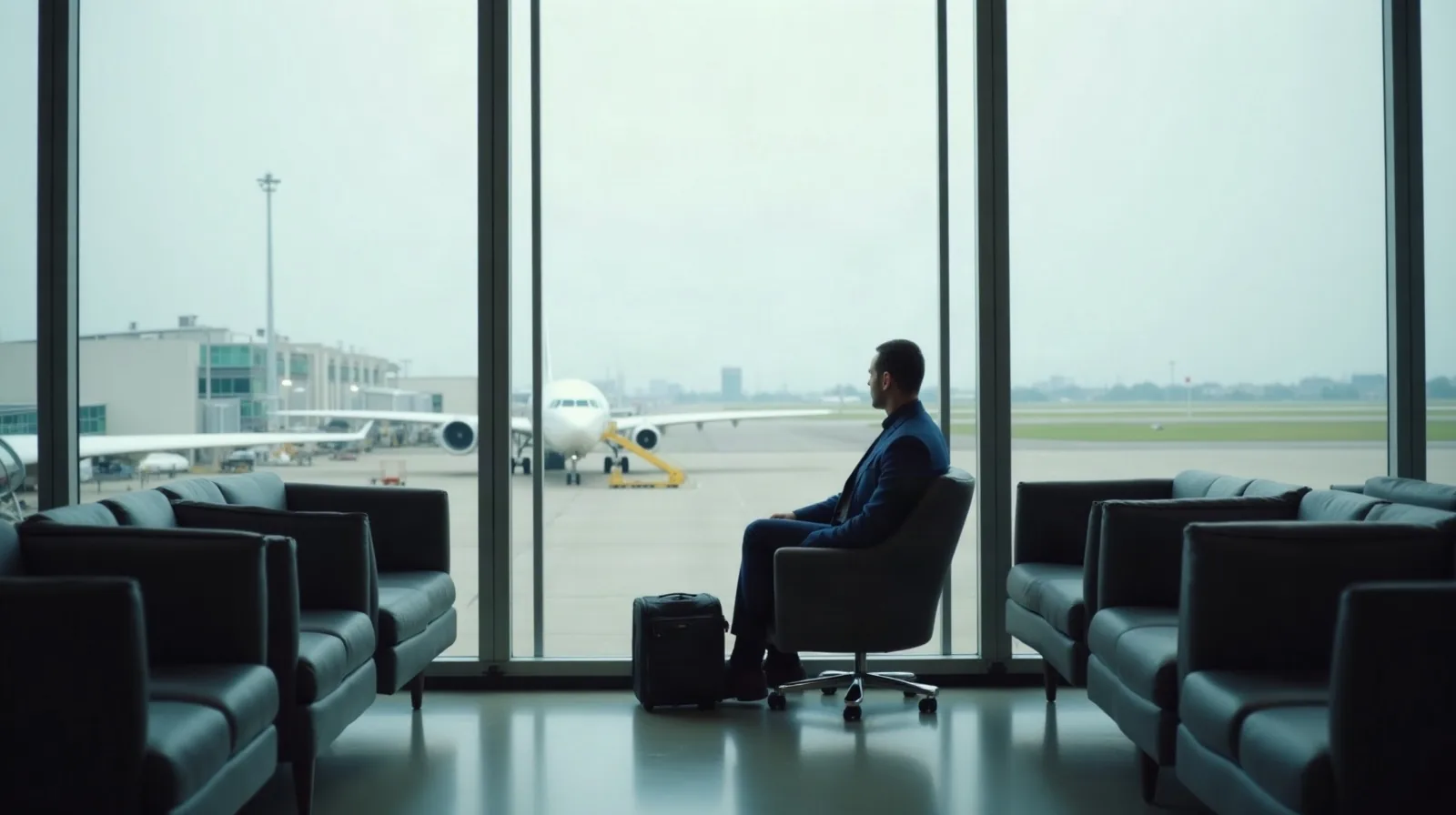 Seen from behind, a traveler settles into a window-side armchair in a quiet airport lounge overlooking the tarmac, a small carry-on bag parked beside them, rows of low armchairs and a self-serve buffet counter in the softly lit middle distance
