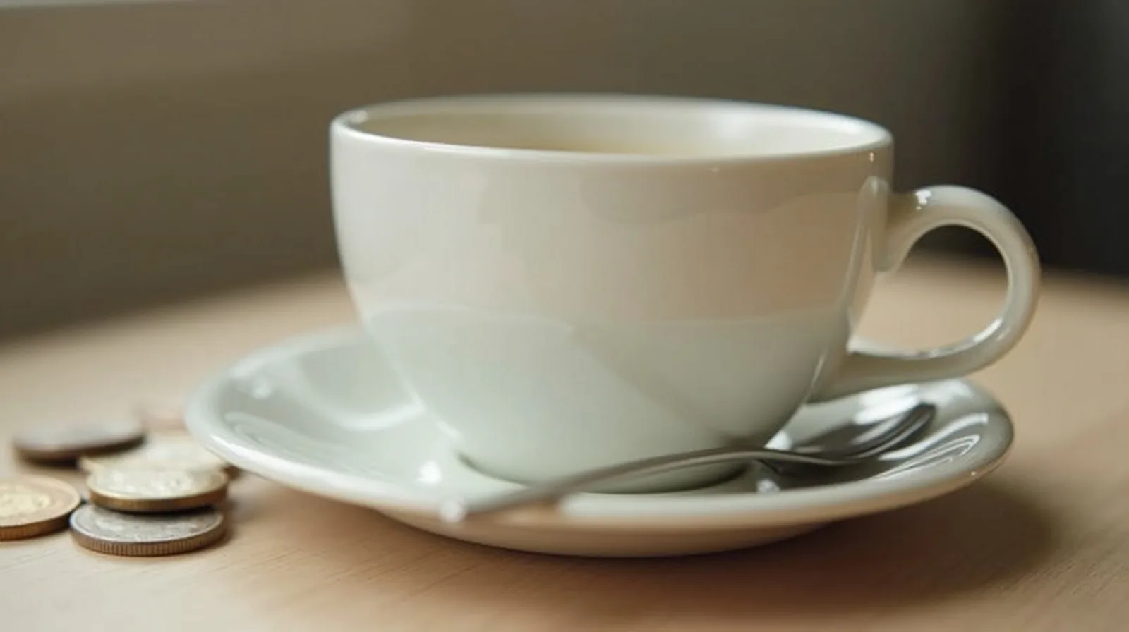 A plain card on a saucer with coffee and coins