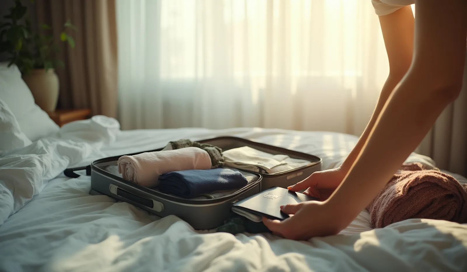 A half-packed suitcase open on a sunlit bed, someone seen from behind tucking a worn passport holder into the front pocket