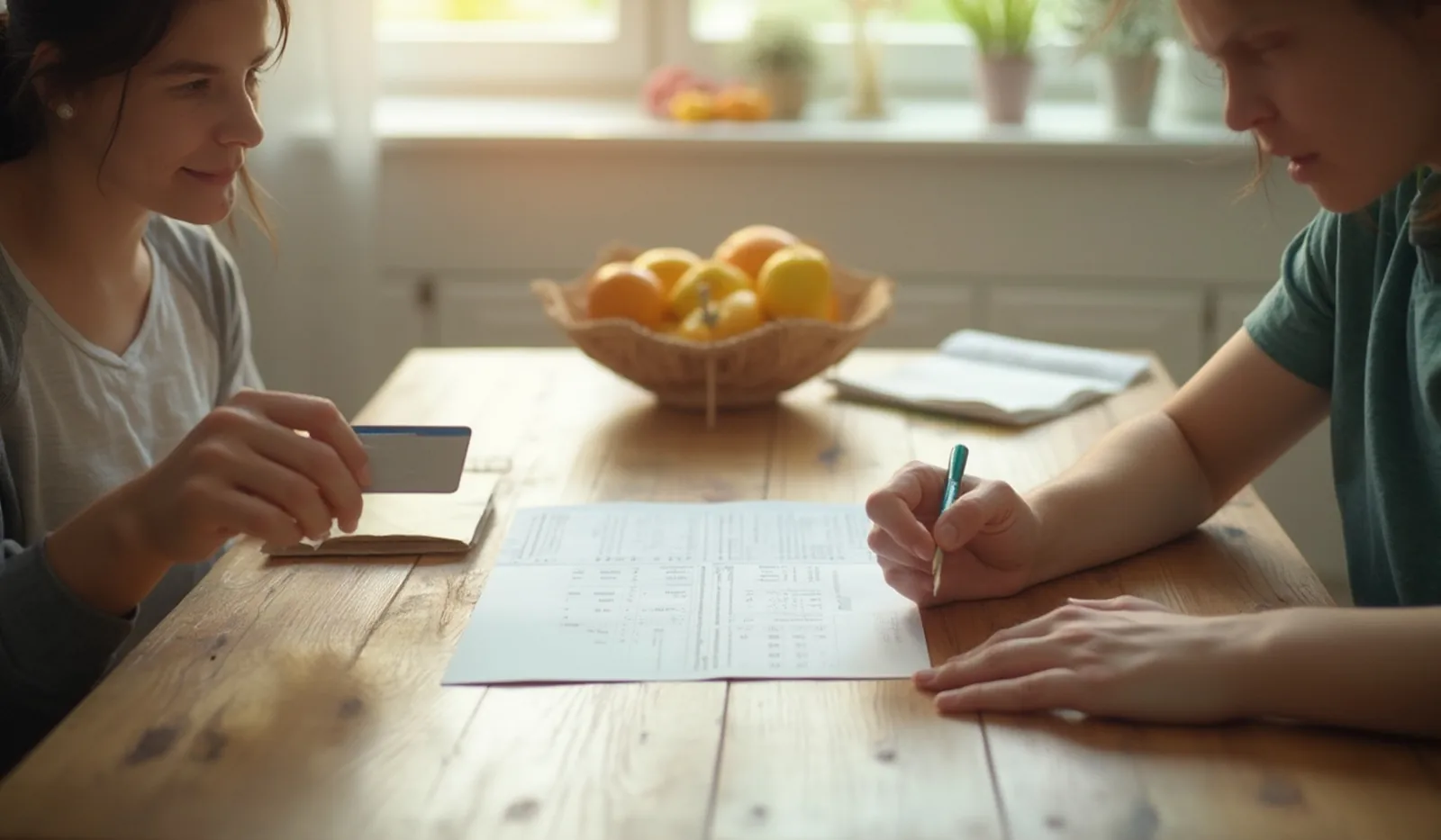 Seen over the shoulder of a young adult at a kitchen table in crisp morning light, holding a torn-open envelope and a blank plastic card while a parent's hand points to a line on a printed account summary between them, a quiet Saturday morning