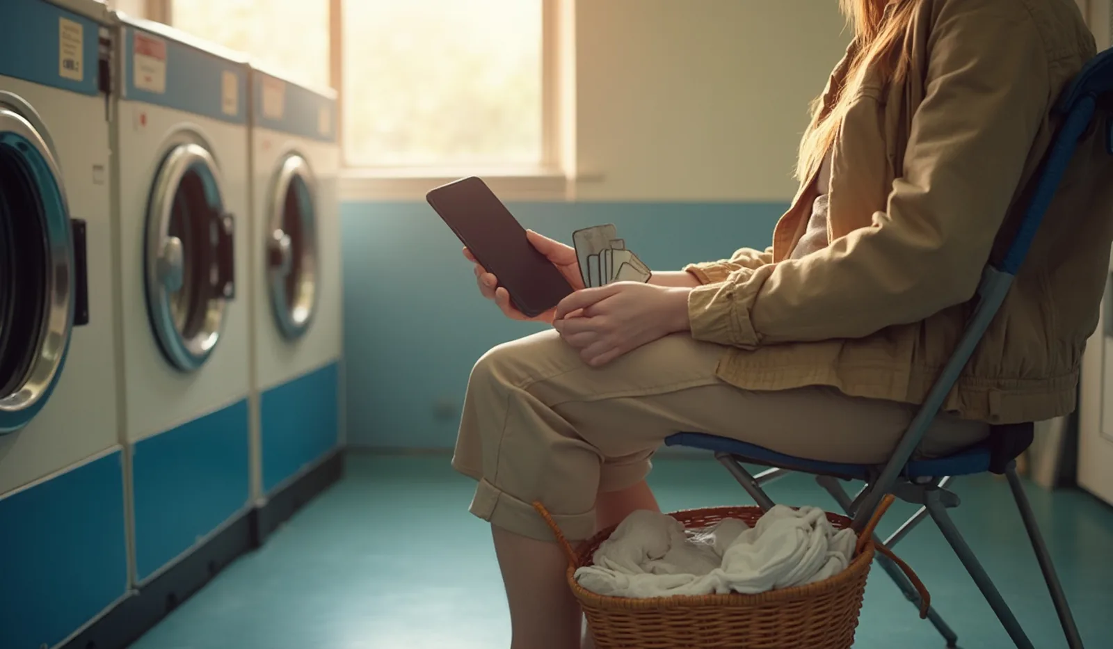 Someone on a laundromat bench seen from behind, comparing two blank credit cards while their phone rests dark in their other hand, quiet afternoon light through the windows