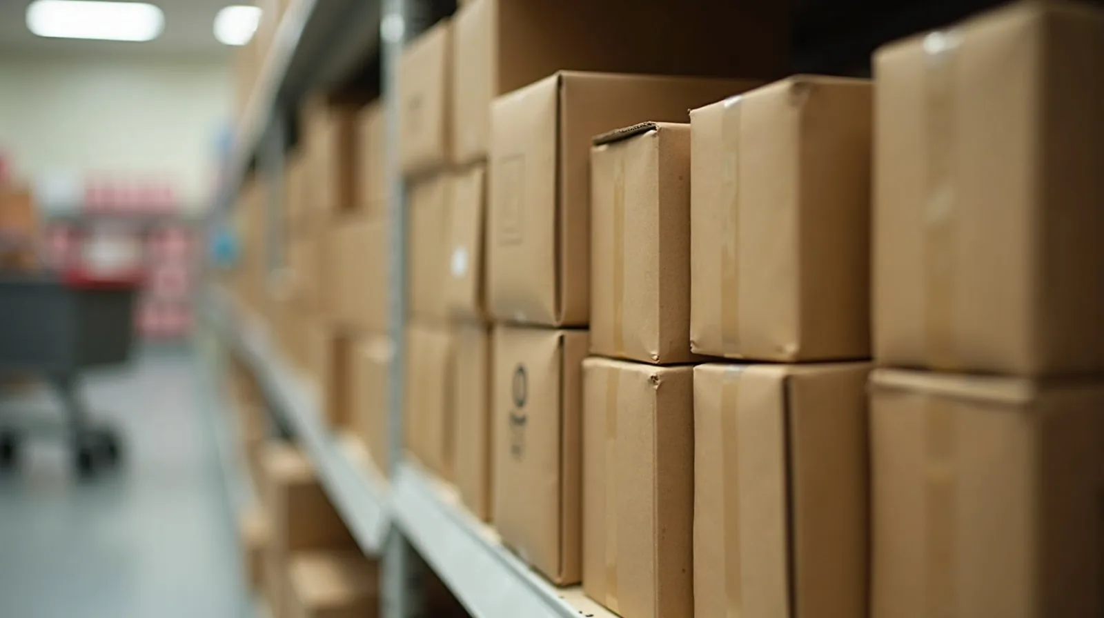 Plain boxes stacked on a bright store shelf