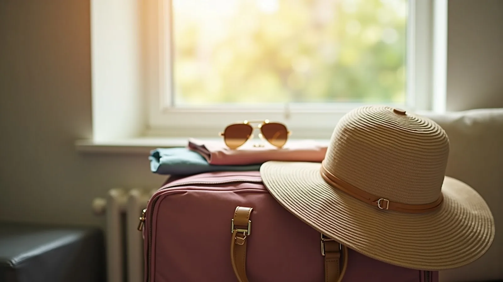 A packed carry-on and sun hat by a window