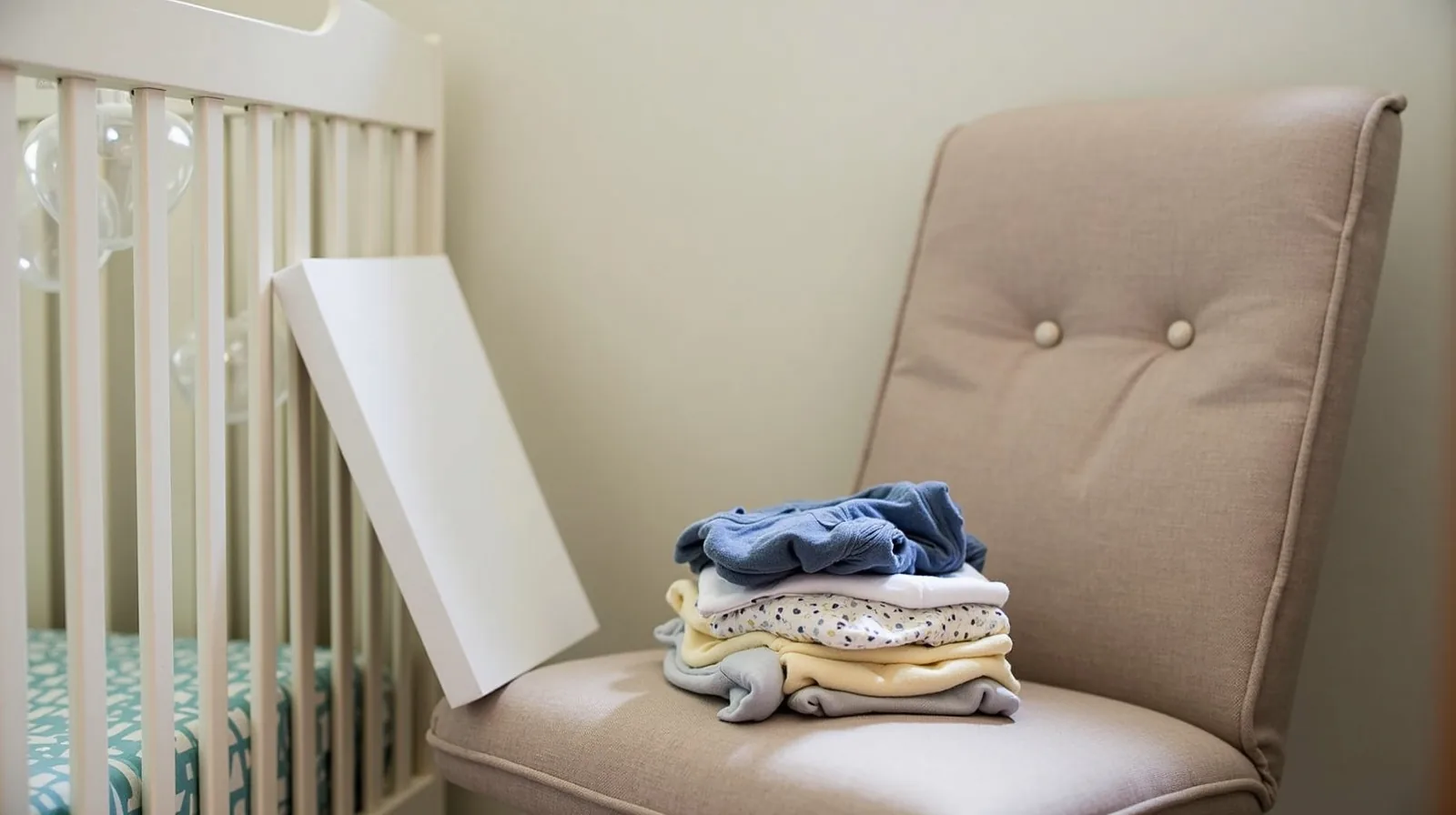 A nursery corner with a crib, an unassembled stroller box, and a cost notebook