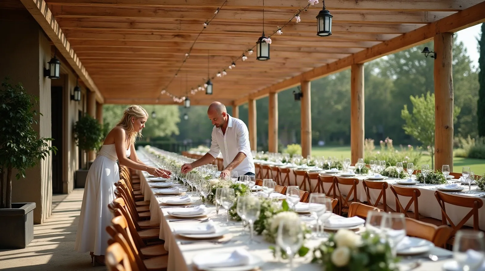 Over-the-shoulder at a long folding table inside an empty, sunlit wedding venue on a weekday morning, comparing three catering quote printouts spread beside a ring binder and fabric swatches, a row of folding chairs stacked along the far wall and tall windows pouring in bright daylight