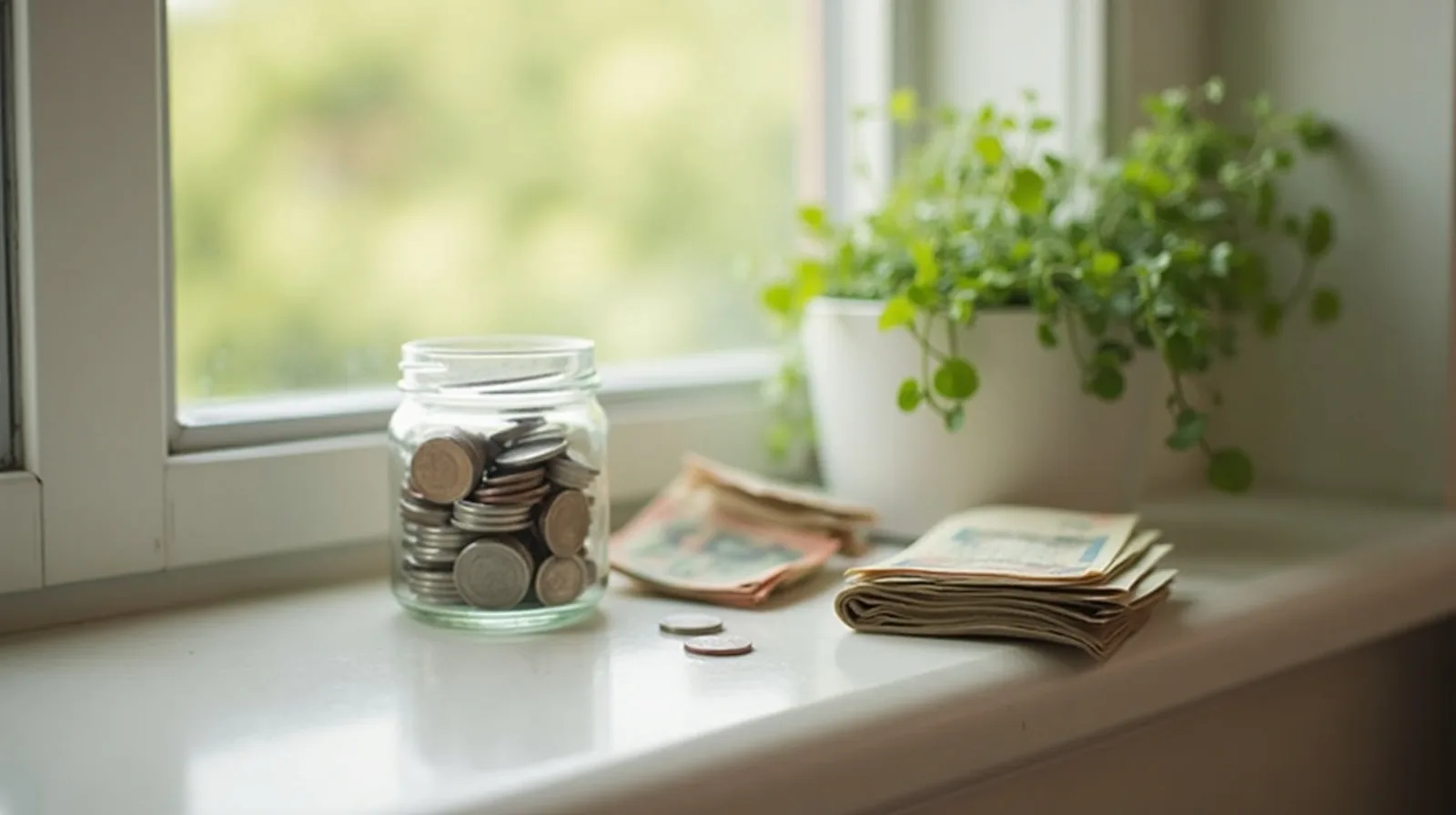 A coin jar and banknotes on a sunny windowsill