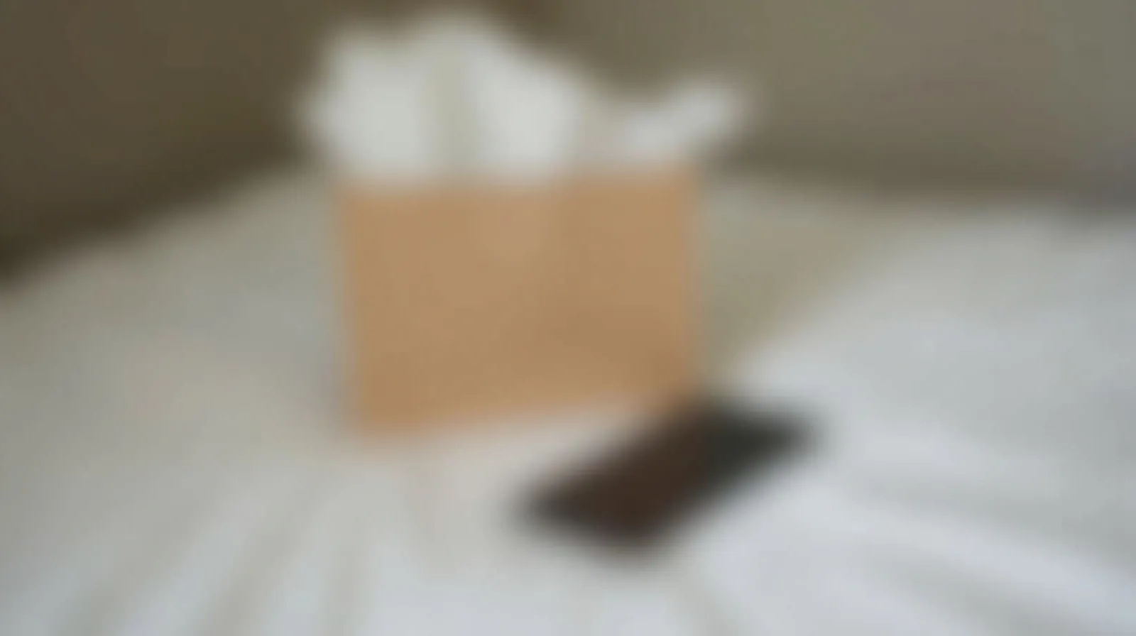 A small shopping bag beside a face-down phone