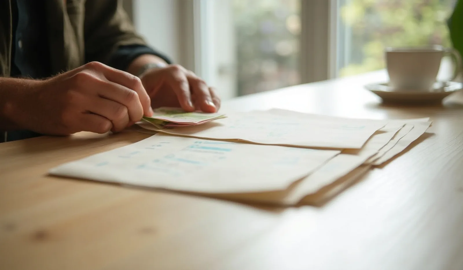 Over-the-shoulder view of hands sorting cash into paper envelopes at a sunlit kitchen table