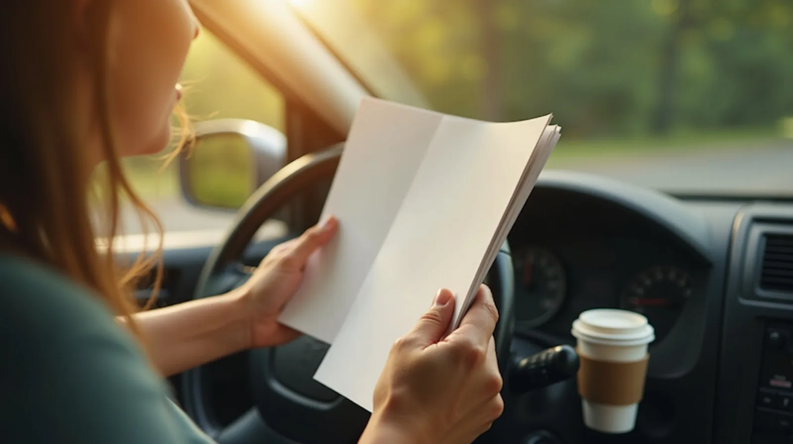 Seen in profile behind the wheel of a parked car in a driveway, someone holds an opened insurance renewal notice next to a printed credit report against the steering wheel, warm afternoon light through the windshield