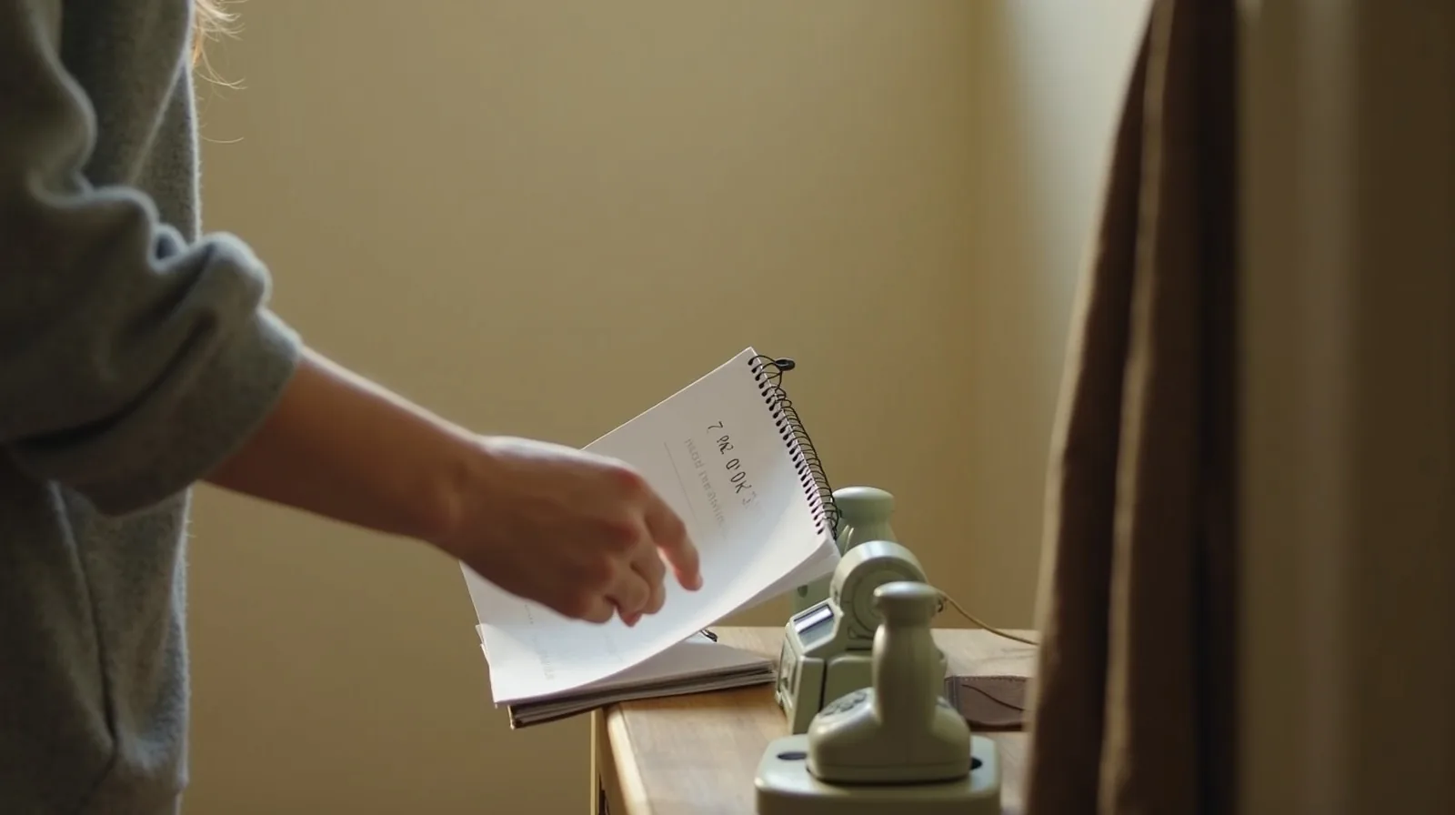 A hand setting a spiral notebook with a jotted confirmation number onto a home entryway console table beside an old corded phone in its cradle