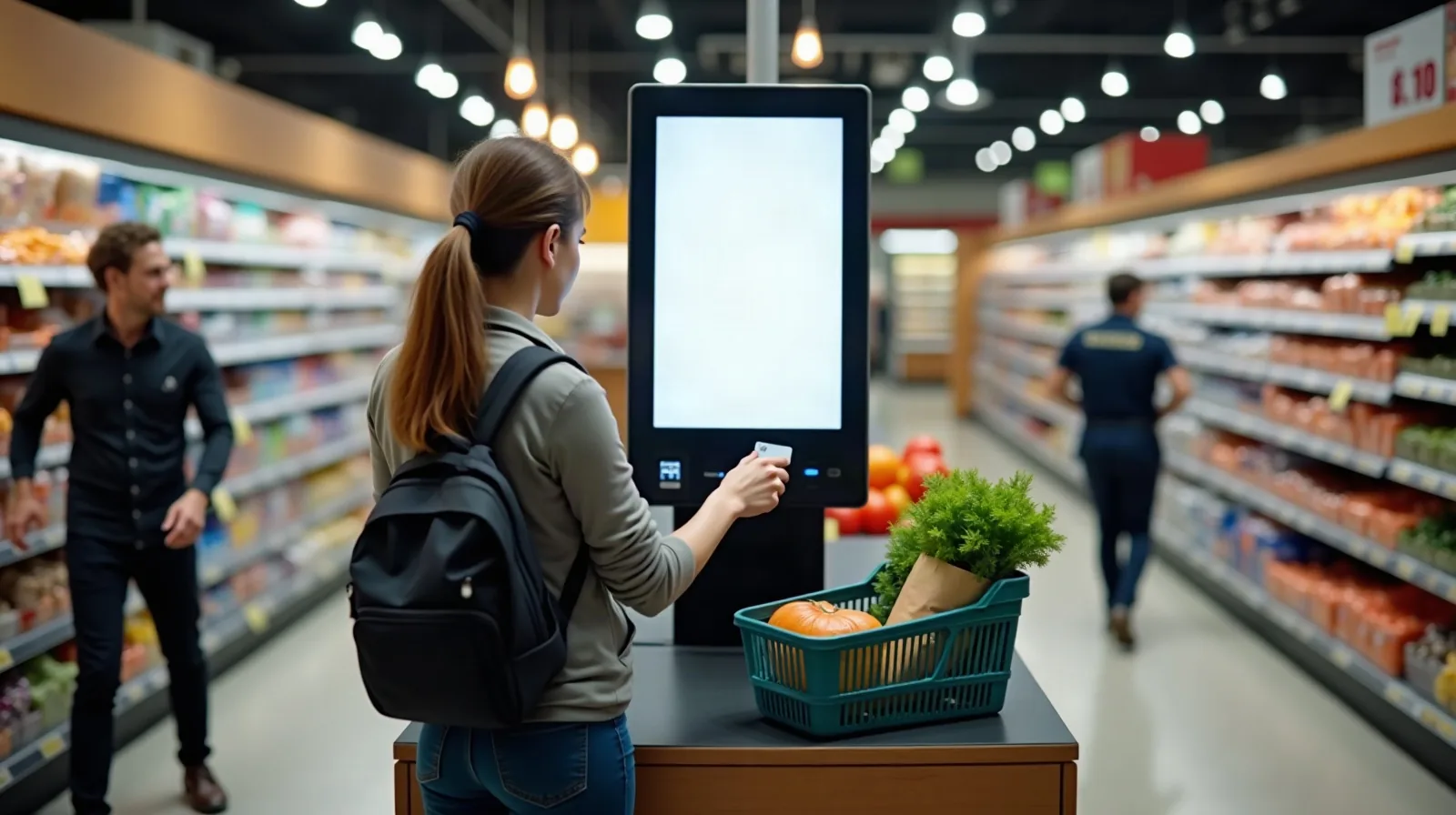 From behind at a self-checkout kiosk in a grocery store on a weekday evening, a shopper taps a card against a blank-screened payment reader a second time while a small basket of groceries waits on the bagging shelf beside them, a store employee approaching to help in the middle distance
