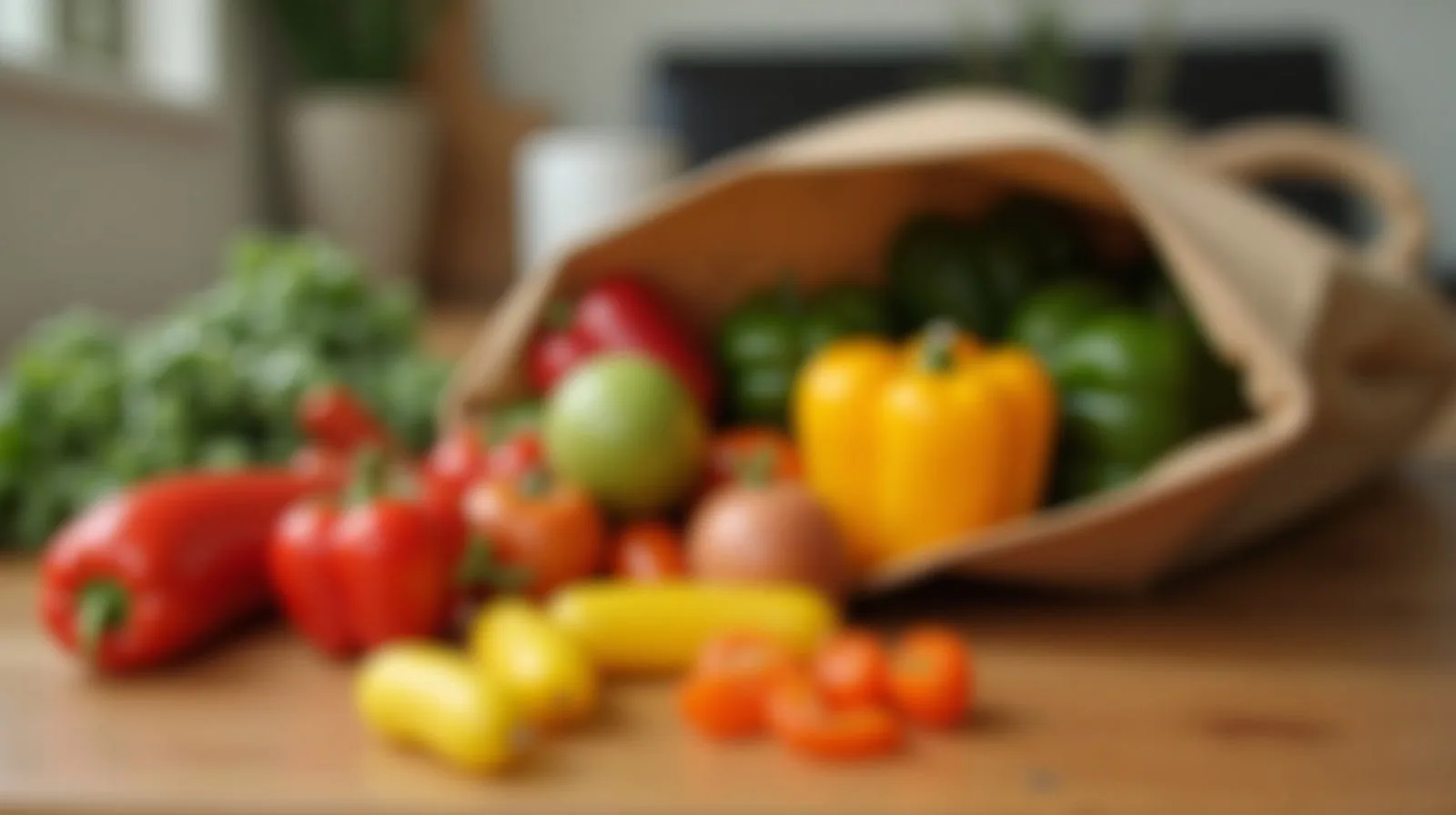 A reusable bag spilling fresh vegetables