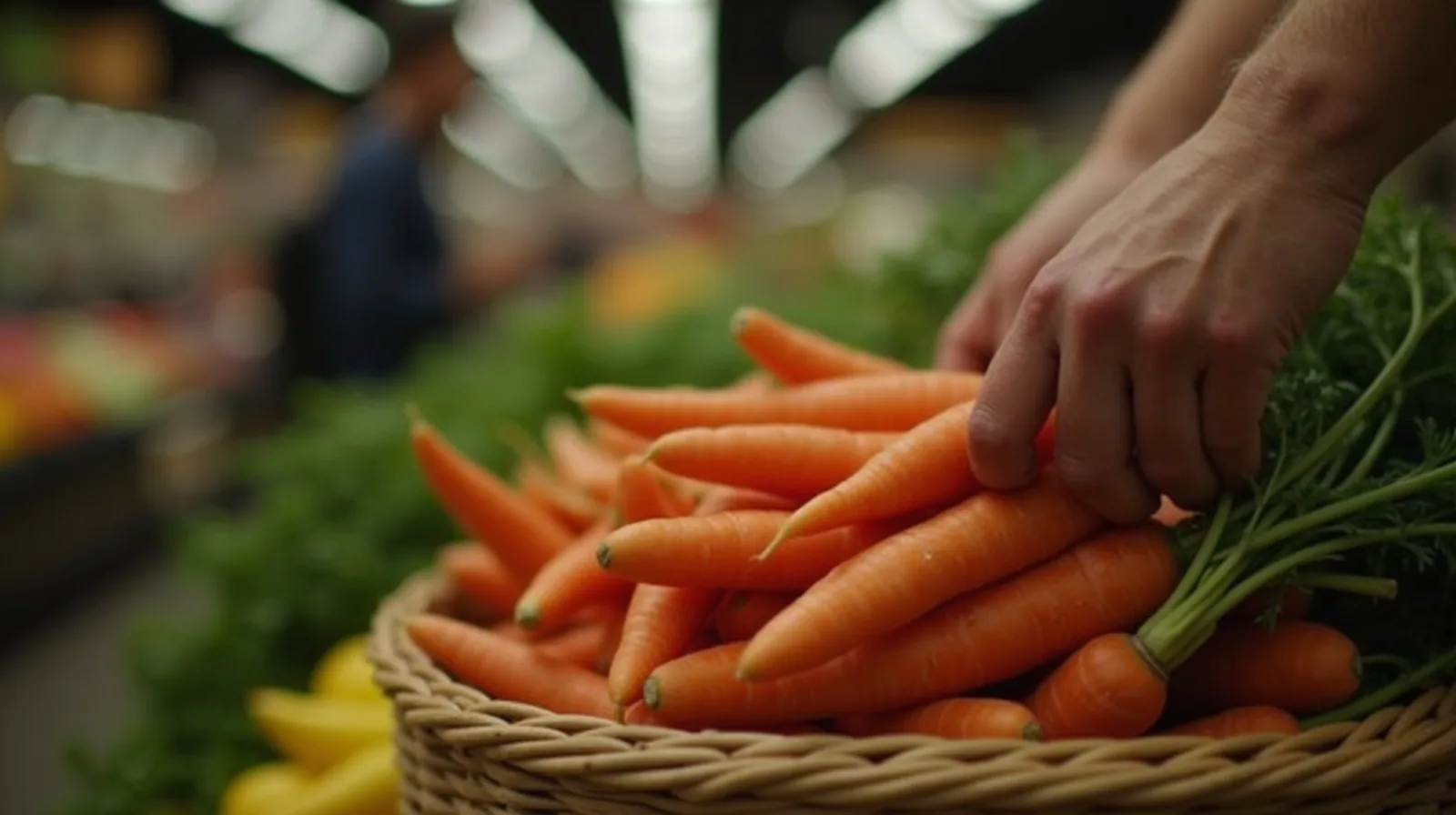 Hands choosing fresh carrots over a basket in a bright grocery produce aisle