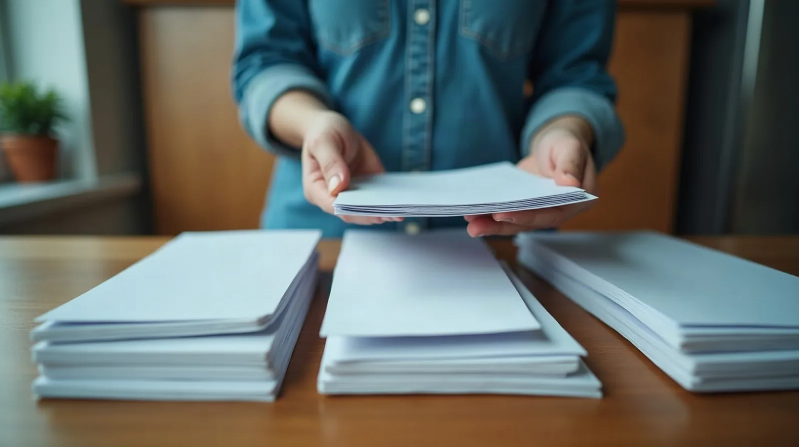 Sorting bills into piles at a kitchen table