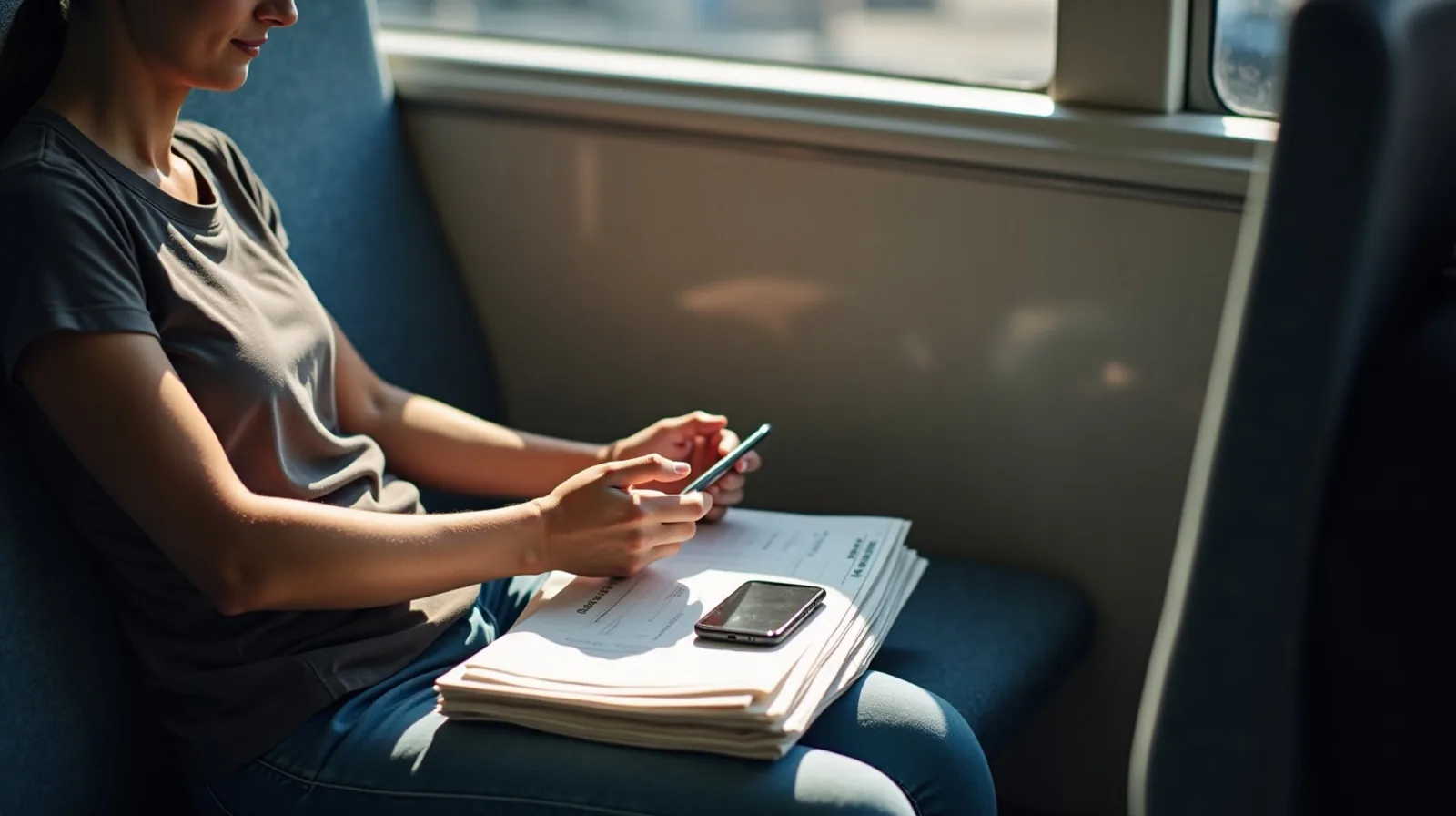 Seen in profile, seated on a public bus during the morning commute, sorting a short stack of blank pay-stub-style slips on their lap while a phone with a dark blank screen rests on a folded newspaper on the seat beside them