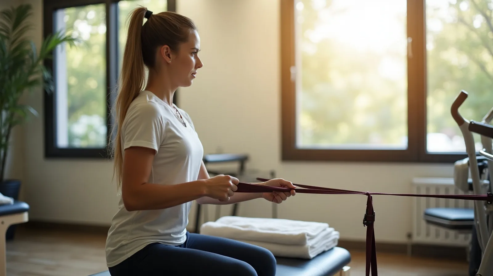 Seen in profile in a sunlit physical therapy clinic at midday, someone pulls a resistance band anchored to a low pulley machine, a rolled towel and a folded claim form resting on the bench beside them, bright light through tall windows