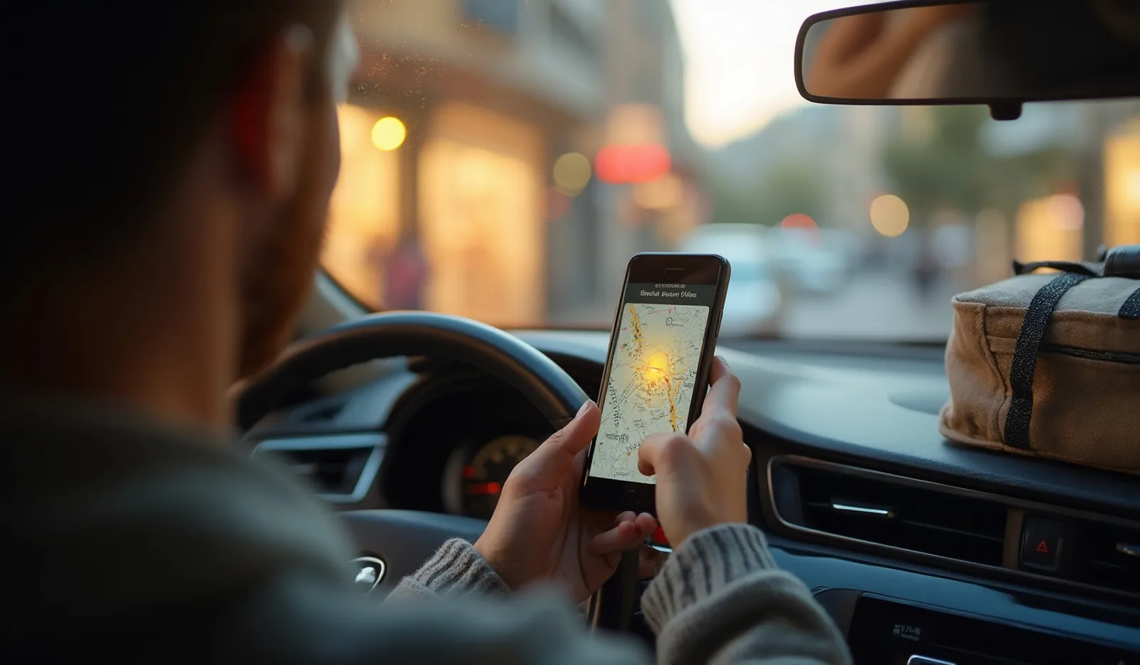 Seen from over the shoulder in a parked car at dusk, a driver clips a phone into a dashboard vent mount showing a blurred glowing map, an insulated delivery bag resting on the passenger seat and the warm lit windows of a strip of storefronts blurred through the windshield