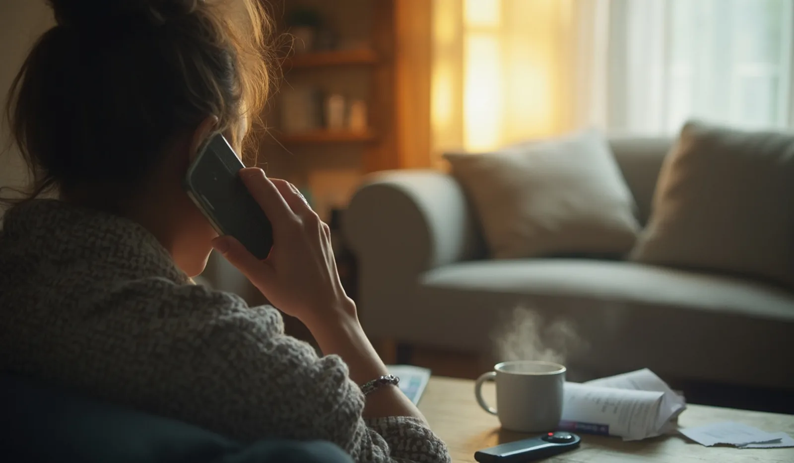 Seen from behind on a couch in lamp-lit evening light, a phone pressed to their ear while a torn-open renewal notice letter sits on the coffee table beside a steaming mug and a TV remote
