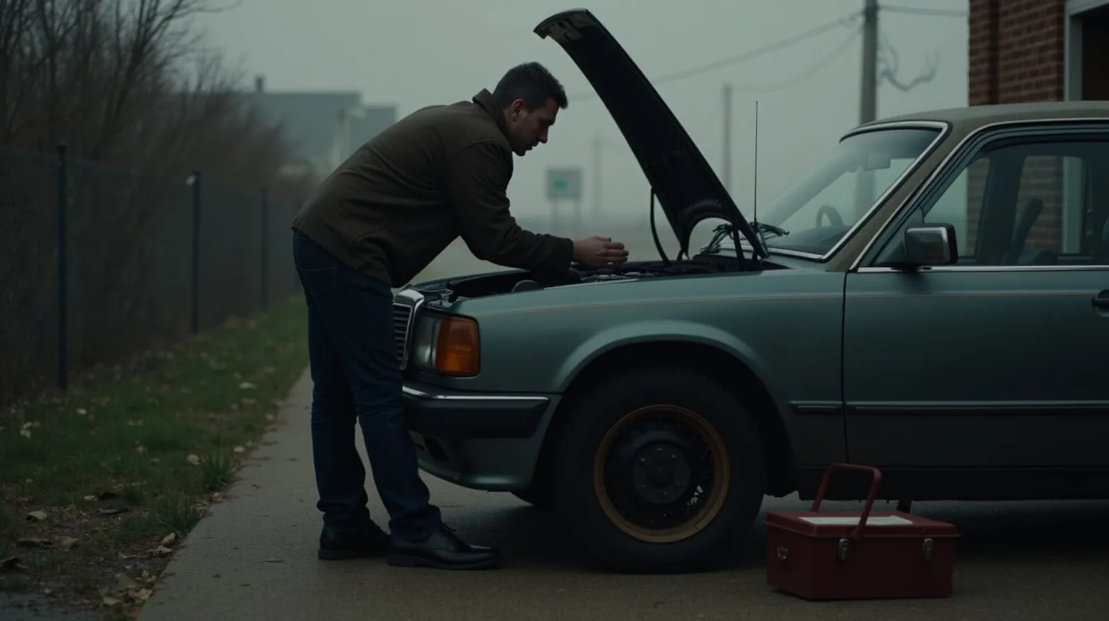 A person in profile checking under the open hood of an older car in a driveway on an overcast morning