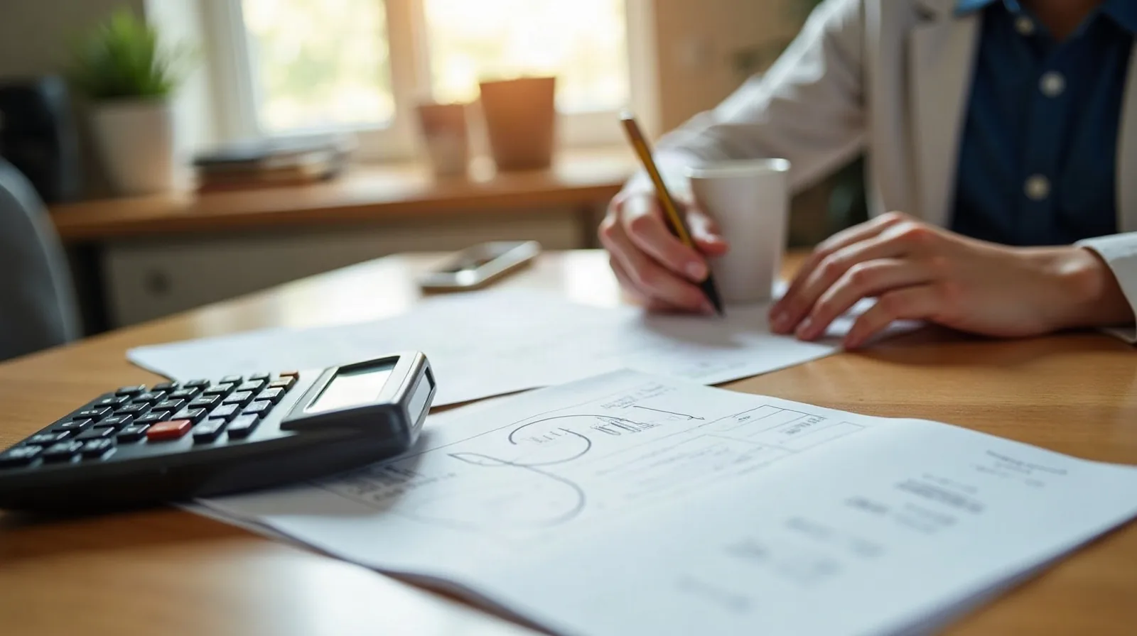 A paper benefits-enrollment packet and a calculator on an office breakroom table at midday, a hand resting a pen on a circled line while a coworker stands in soft focus at a coffee machine near a sunlit window in the background