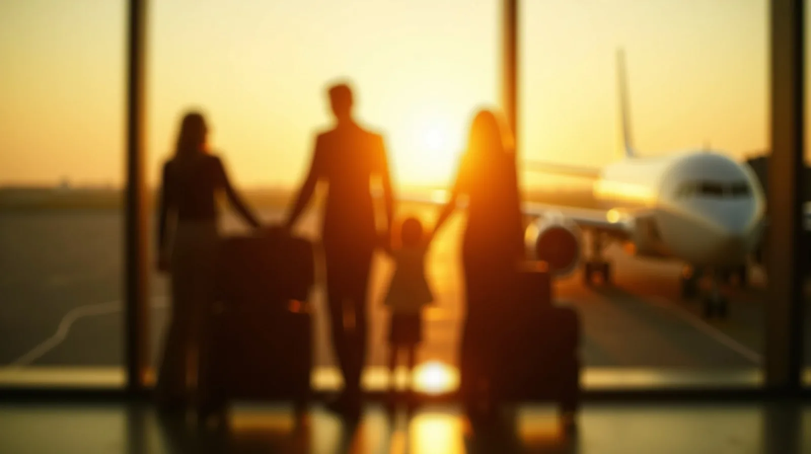 A family silhouetted from behind at an airport window at golden hour, a luggage cart beside them