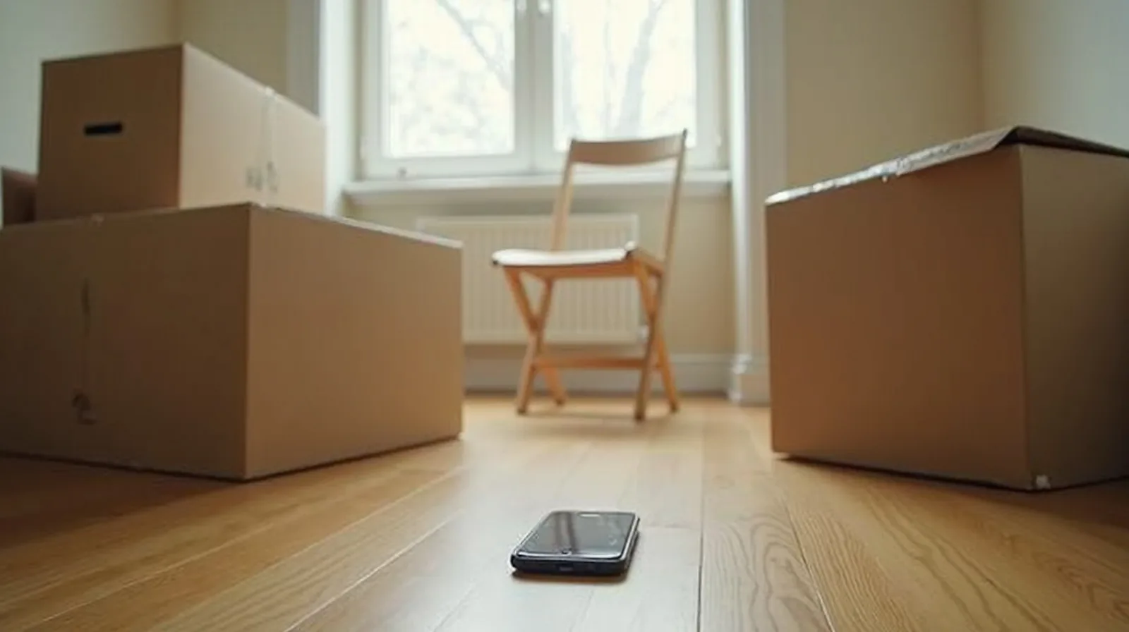 A first apartment mid-move with boxes and a phone showing a monthly budget