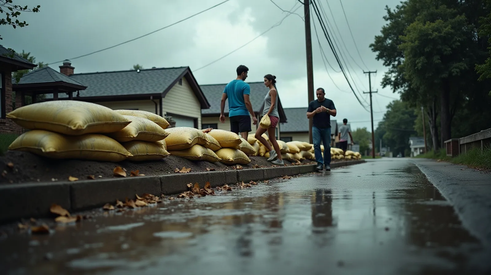 Seen from behind with a rain jacket hood up, hoisting a sandbag from a stacked pile at the base of a closed garage door, thin rain just beginning to fleck the driveway concrete and pool near a storm drain, a coiled garden hose and a recycling bin pushed against the wall, overcast late-summer morning with soft bright diffused daylight