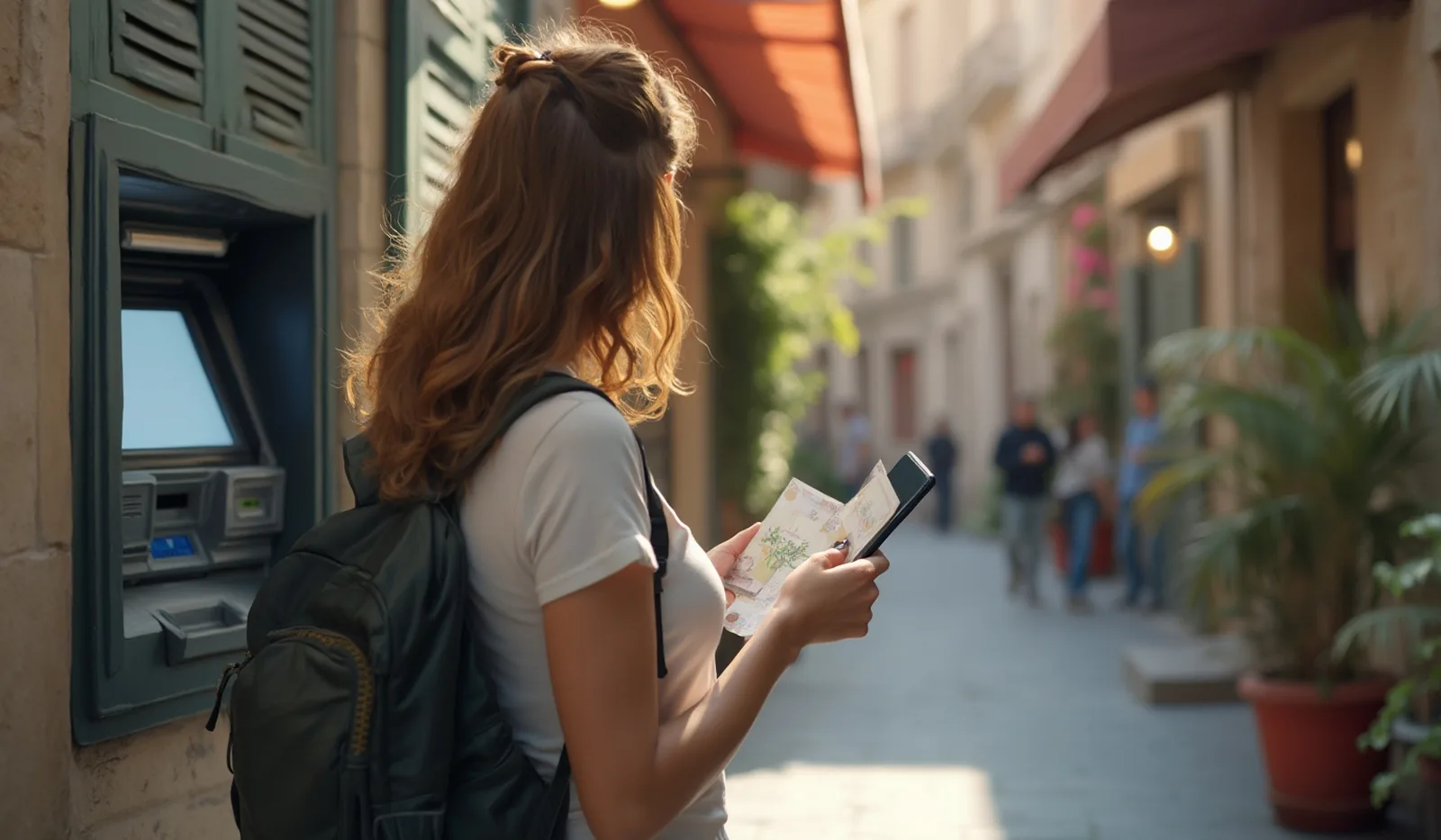 Seen from behind on a narrow cobblestone street abroad on a bright midday, someone counts a small fold of foreign banknotes pulled from a corner cash machine embedded in a stone wall, its screen a blank soft glow, a daypack slung over one shoulder and a folded paper city map tucked under their arm, sun-bleached shutters and a striped café awning framing the background
