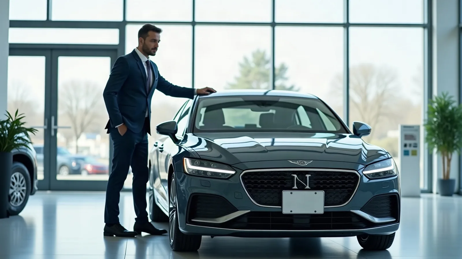 Over-the-shoulder view at a car dealership finance office desk on a weekday afternoon, a hand signs a stack of blank loan paperwork beside a car key fob and a paper coffee cup, a new car blurred on the showroom floor visible through the glass wall behind