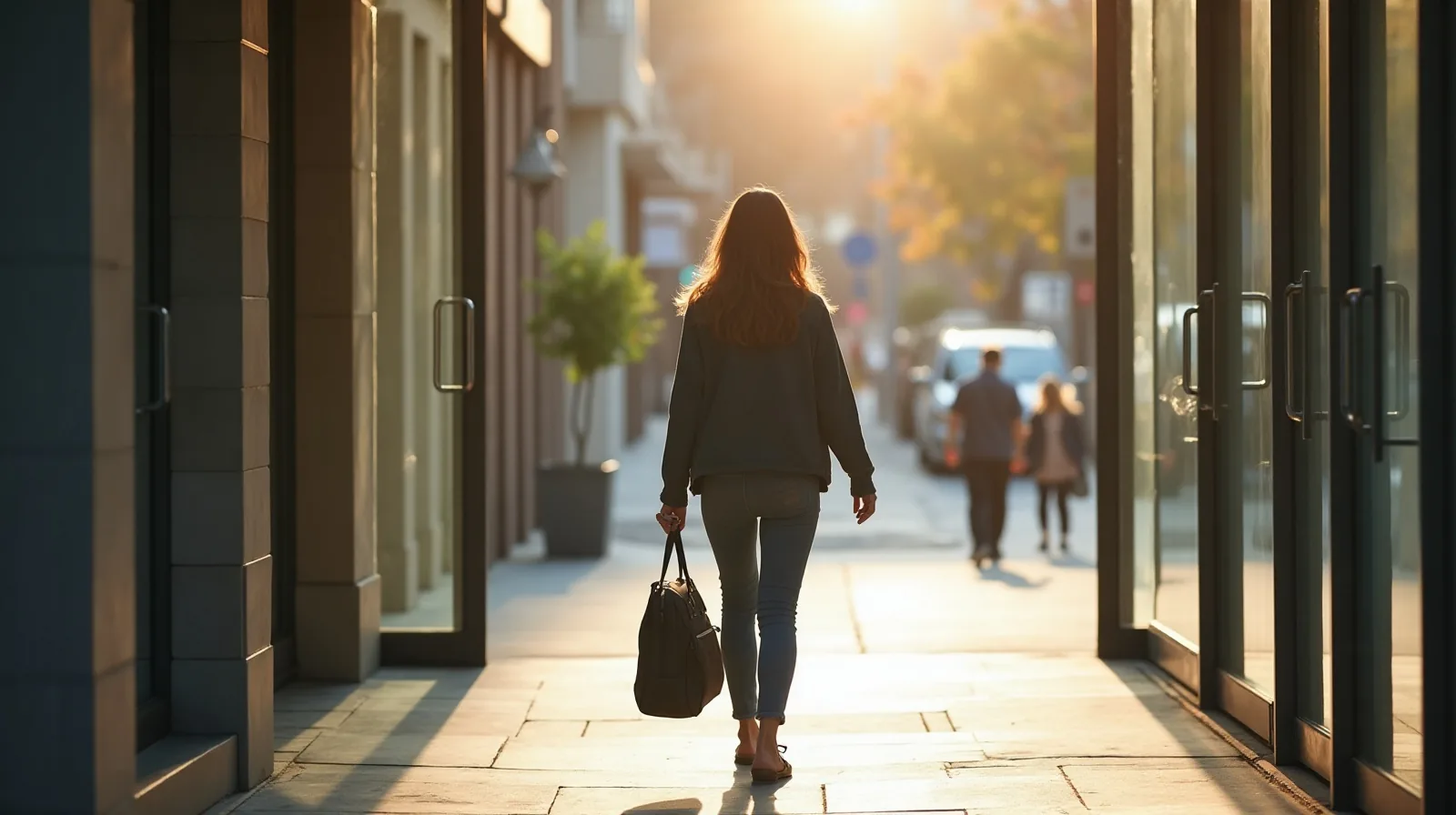 Seen from behind, someone steps out of a clinical research building's glass entrance onto a sunlit sidewalk on a weekday morning, tucking a folded screening questionnaire into a messenger bag while checking their phone, morning light reflecting off the glass doors