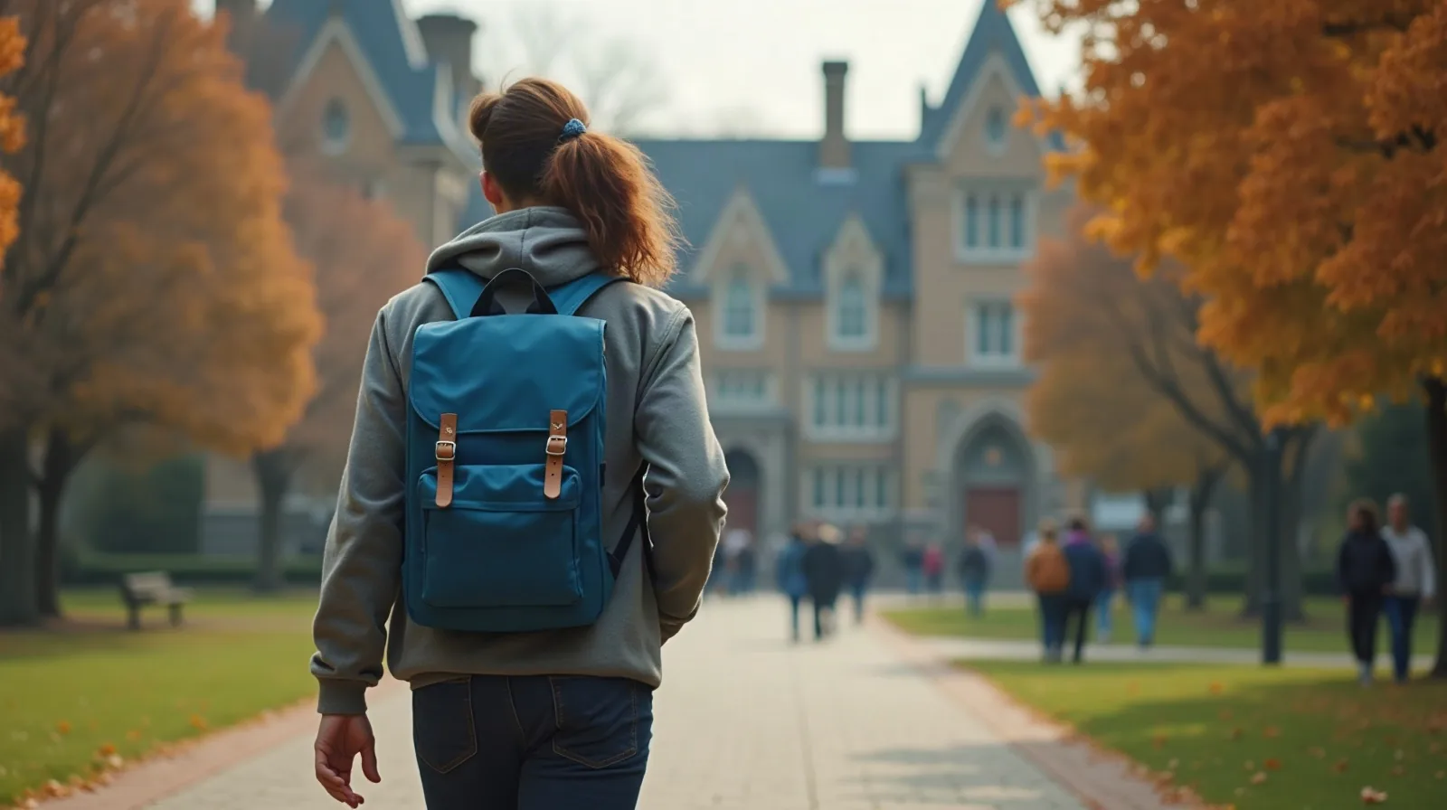 In profile on a stone bench in a quiet campus courtyard at golden-hour early evening in early autumn, comparing two printed financial-aid award letters spread across a worn backpack resting on their lap, a chipped travel mug and a dog-eared textbook on the bench beside them, an ivy-covered brick building blurred in the background
