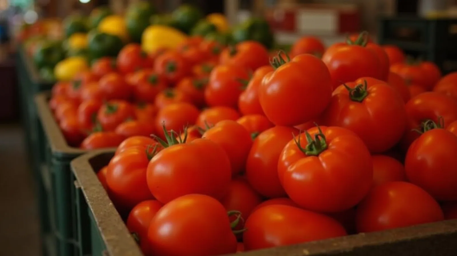 Fresh produce piled at a grocery display