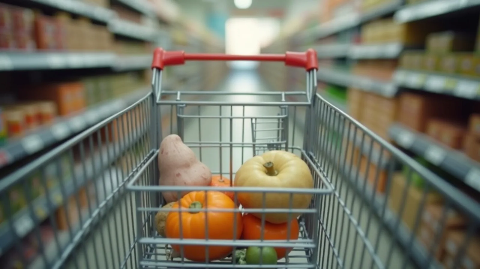 A supermarket aisle seen from behind a shopping cart