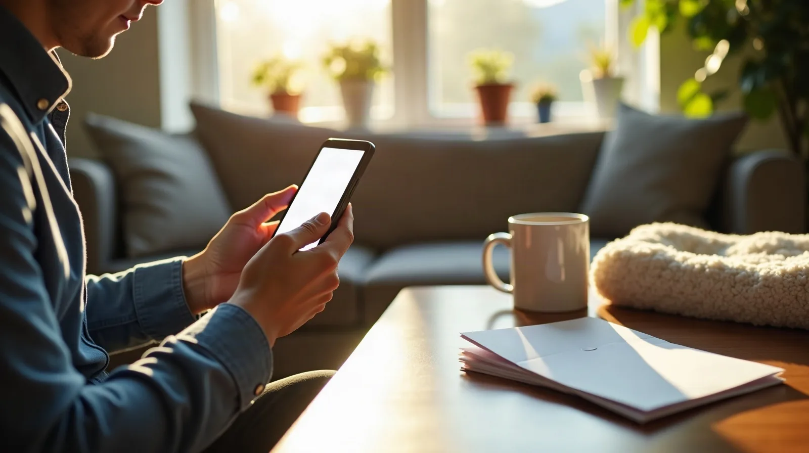 On a couch in a sunlit living room on a lazy Saturday morning, glancing down at a phone showing a blank blurred banking app screen, a small stack of unopened pre-approval offer envelopes fanned across the coffee table beside a mug of coffee and a folded blanket