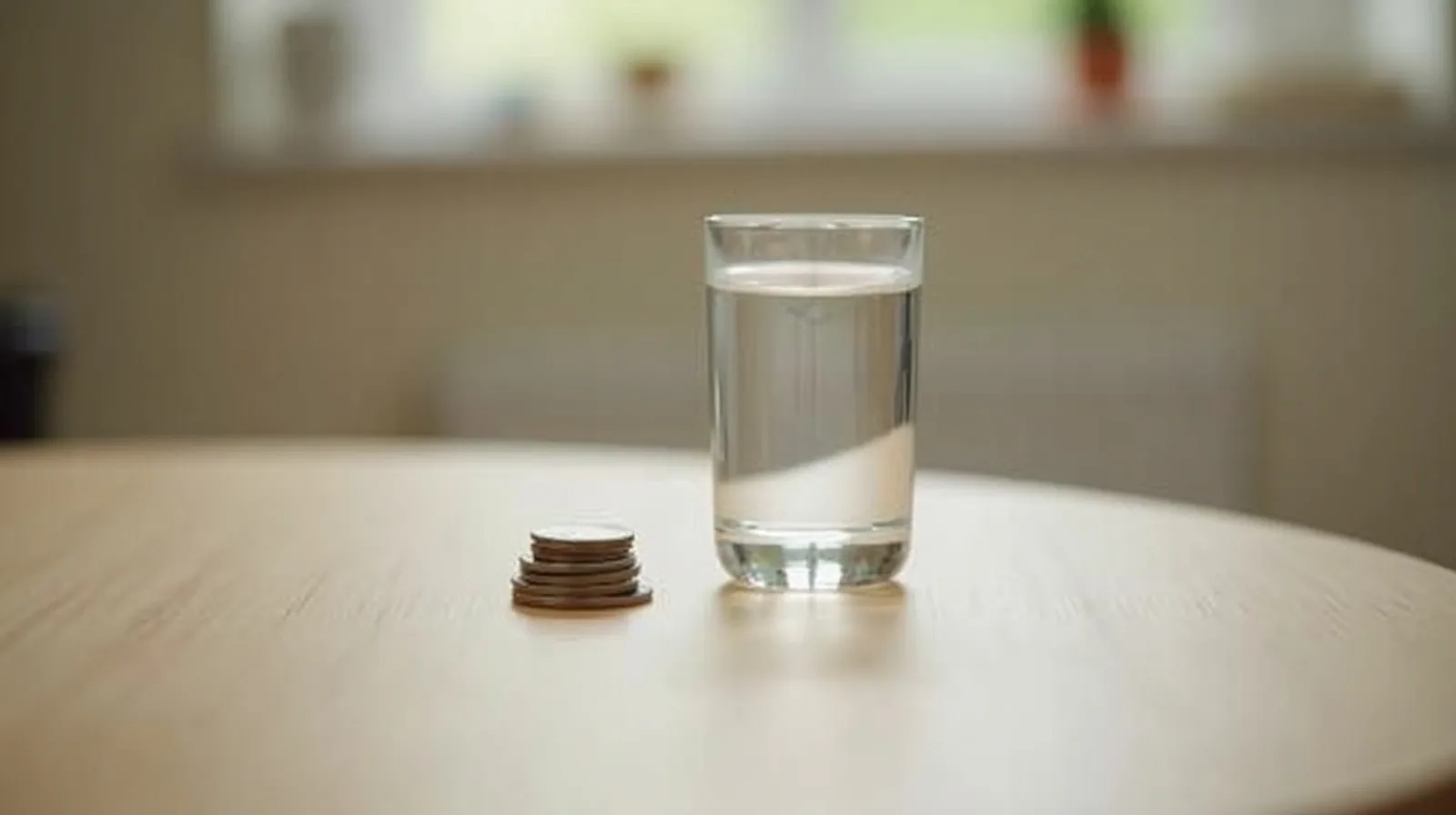 A small stack of coins and a glass of water