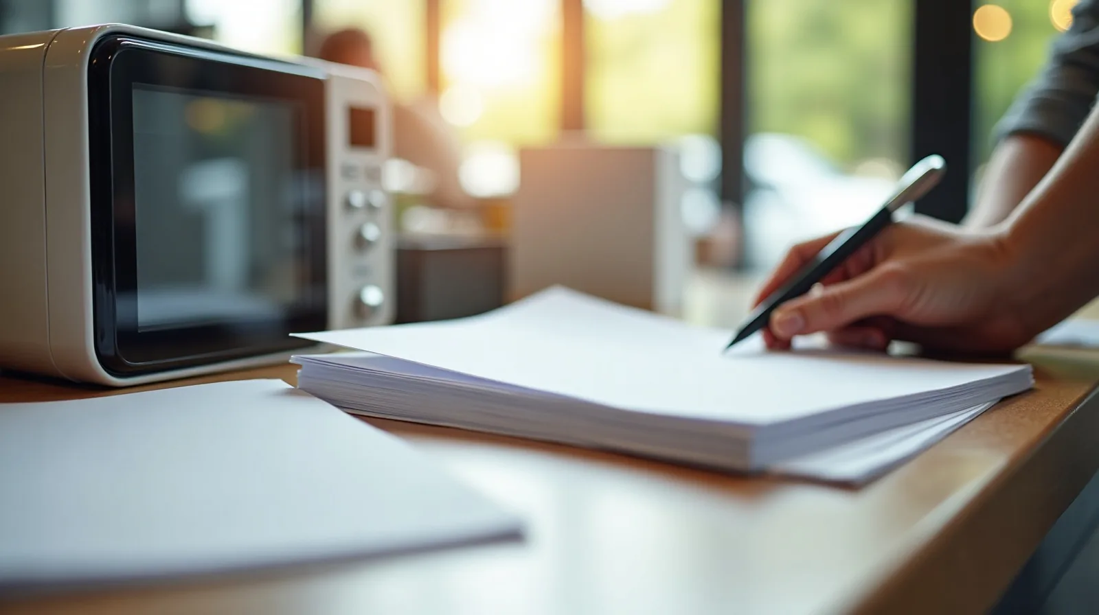 Close-up at a store checkout counter of a small appliance box beside a fanned stack of blank paper contract cards, a hand reaching for a pen, soft daylight through a nearby storefront window