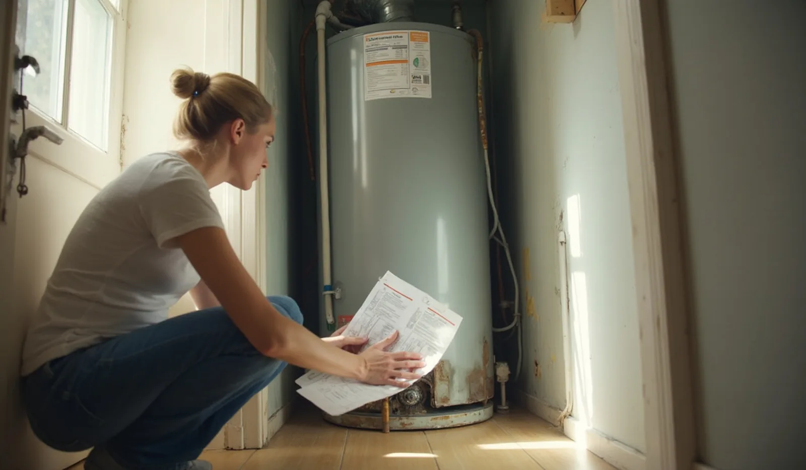 Crouched in front of an open utility closet on a Saturday morning, tracing a hand along the base of an aging water heater while holding a folded paper repair estimate, bright daylight spilling in from a nearby hallway window