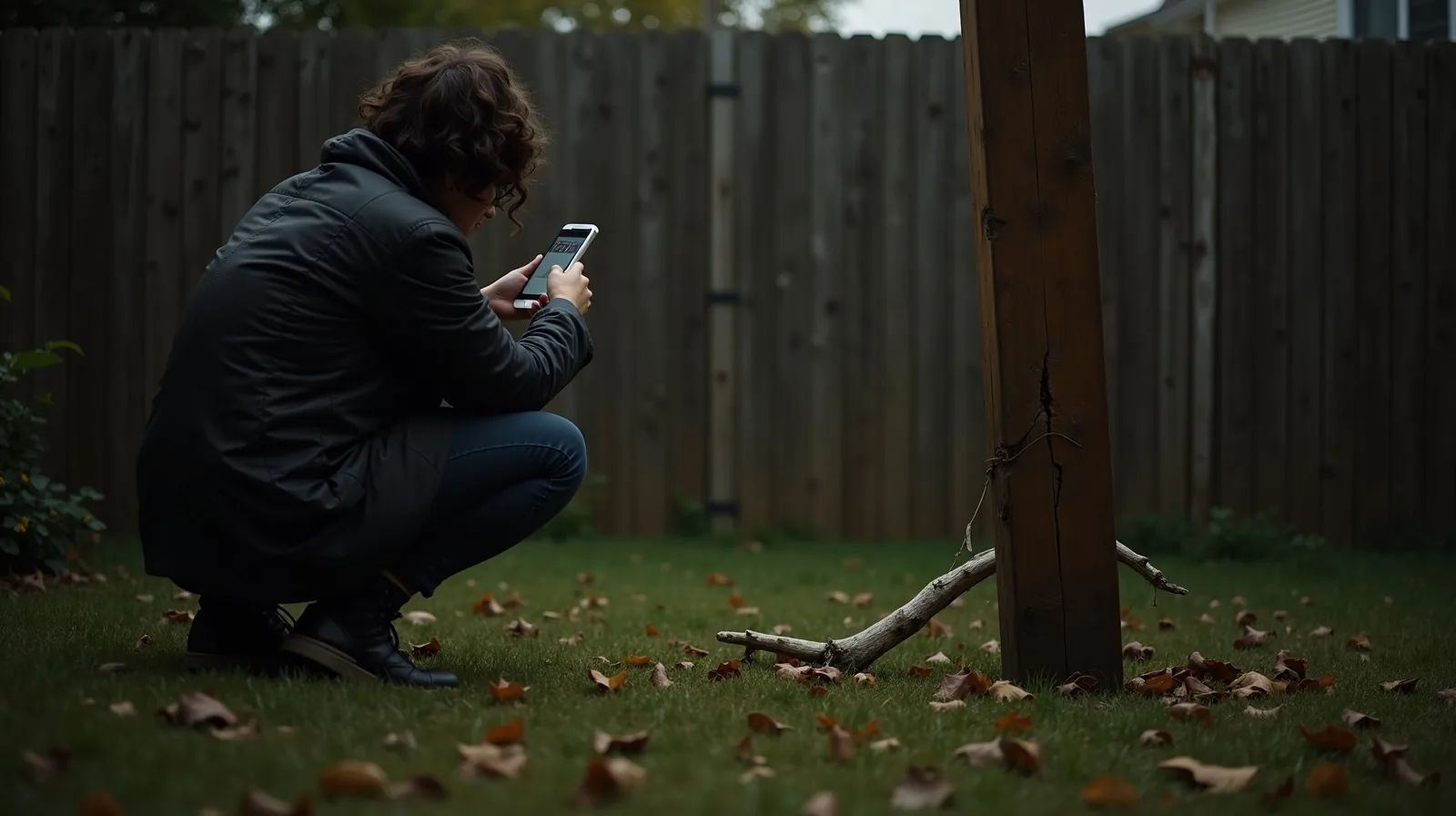 A cracked fence post in a storm-damaged yard, photographed from behind by someone holding a phone