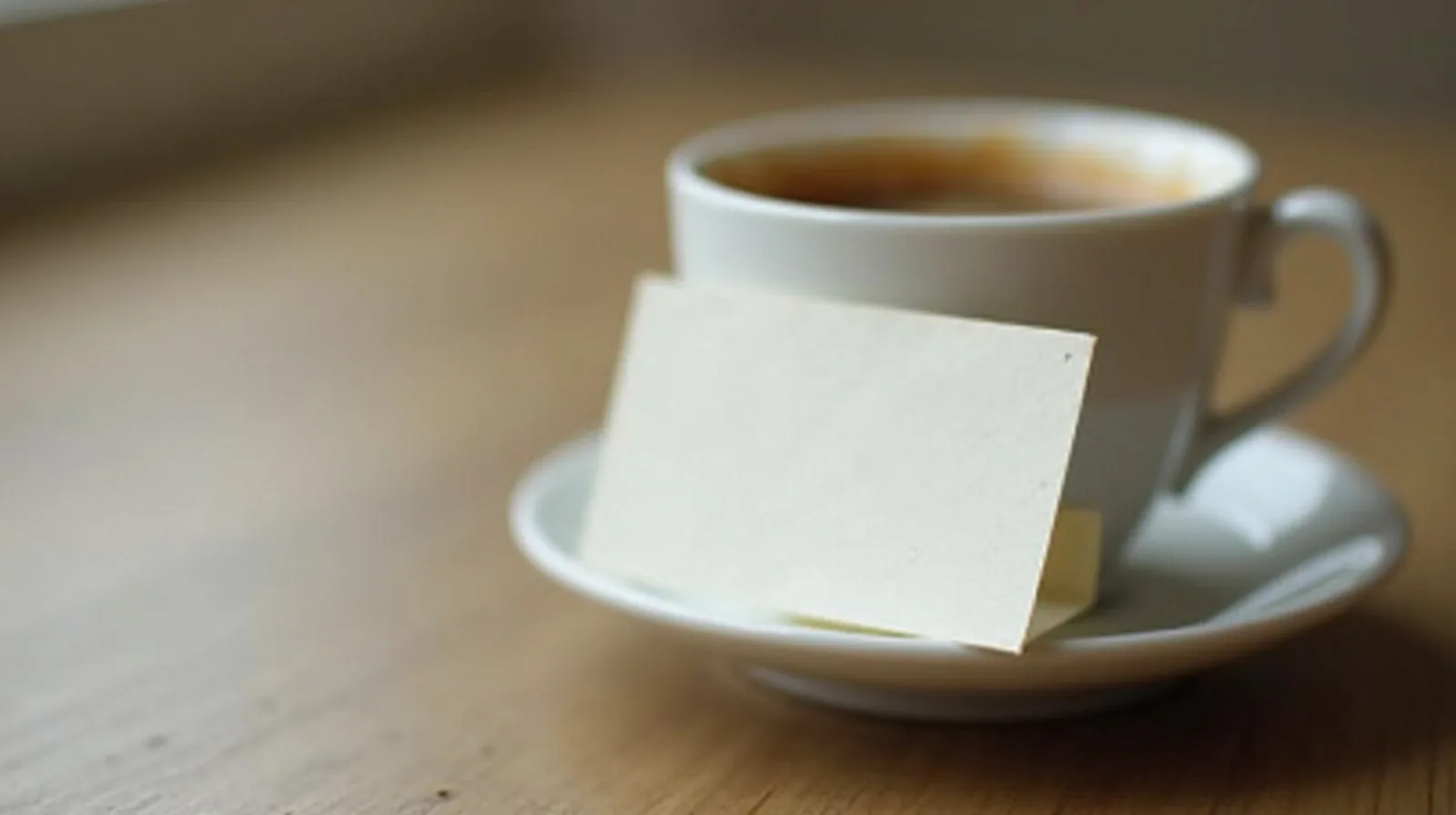 A plain card resting on a saucer by coffee