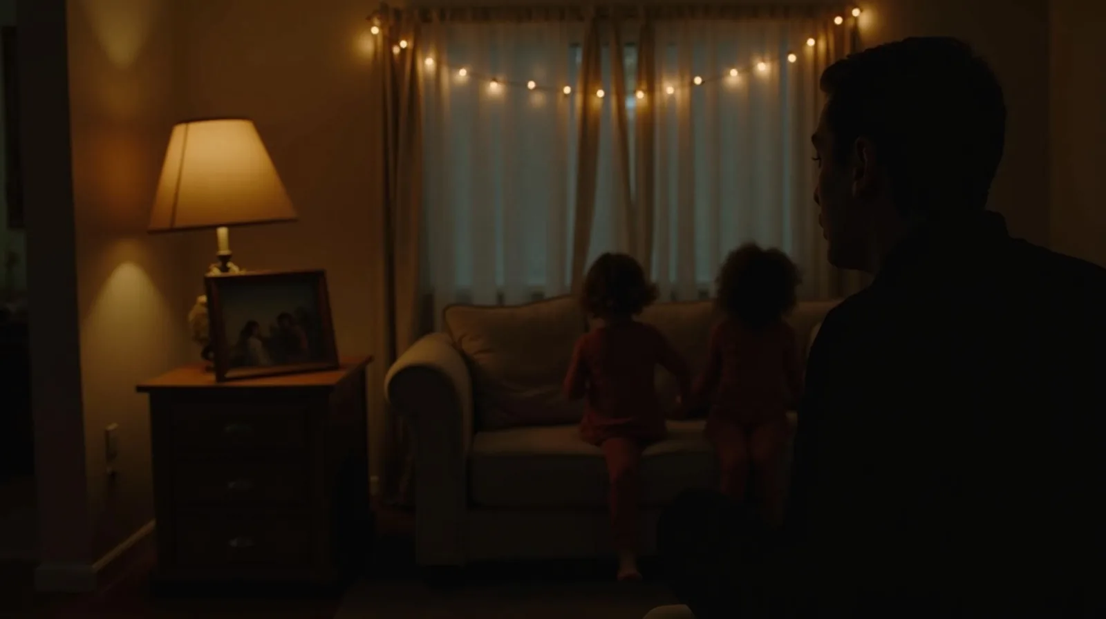 A parent seen from behind on a couch beside a framed family photo, kids playing in the background on a lamp-lit winter evening
