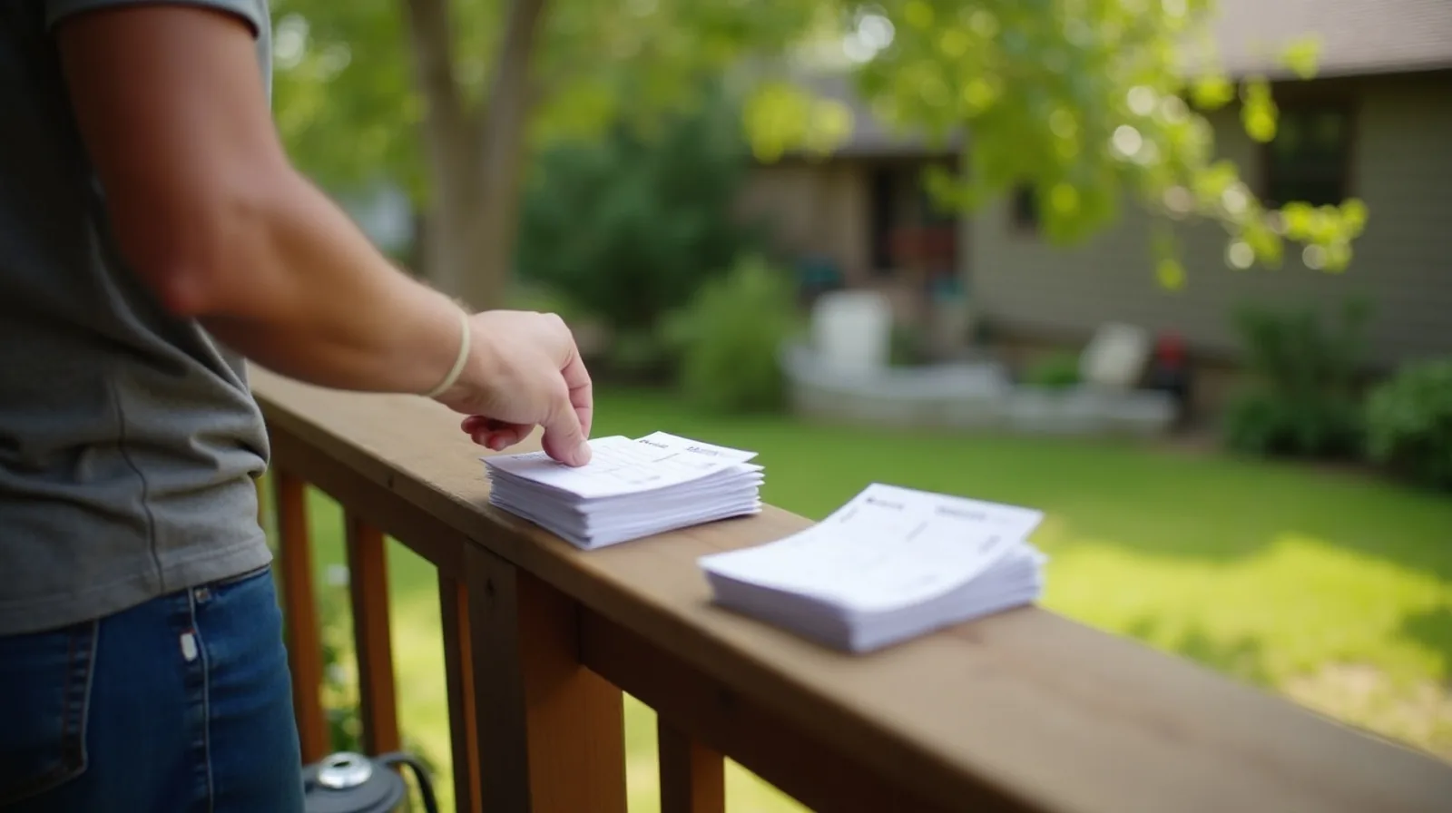 Seen from behind, standing at a wooden deck railing on a late-summer morning, sorting a short stack of blank pay-stub-style slips into two piles, a watering can resting nearby and the yard beyond