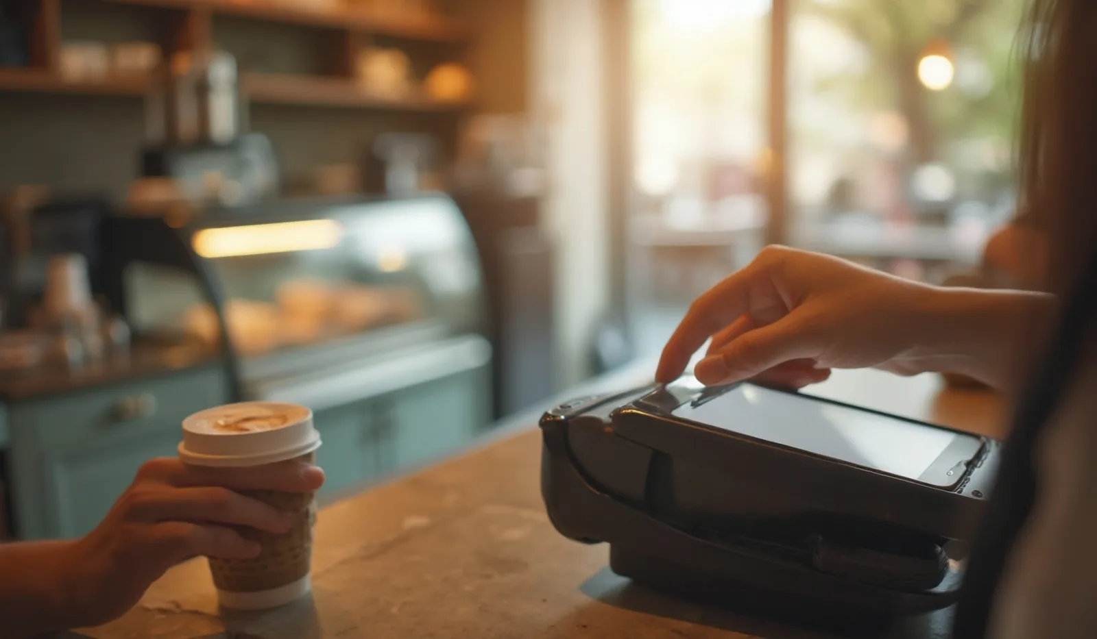 Close-up over a small coffee shop counter on a bright weekday morning, a customer's hand holds a phone above a countertop payment terminal's blank glowing screen while a barista's hand slides a paper cup of coffee across the counter, a glass pastry case glowing softly in the background