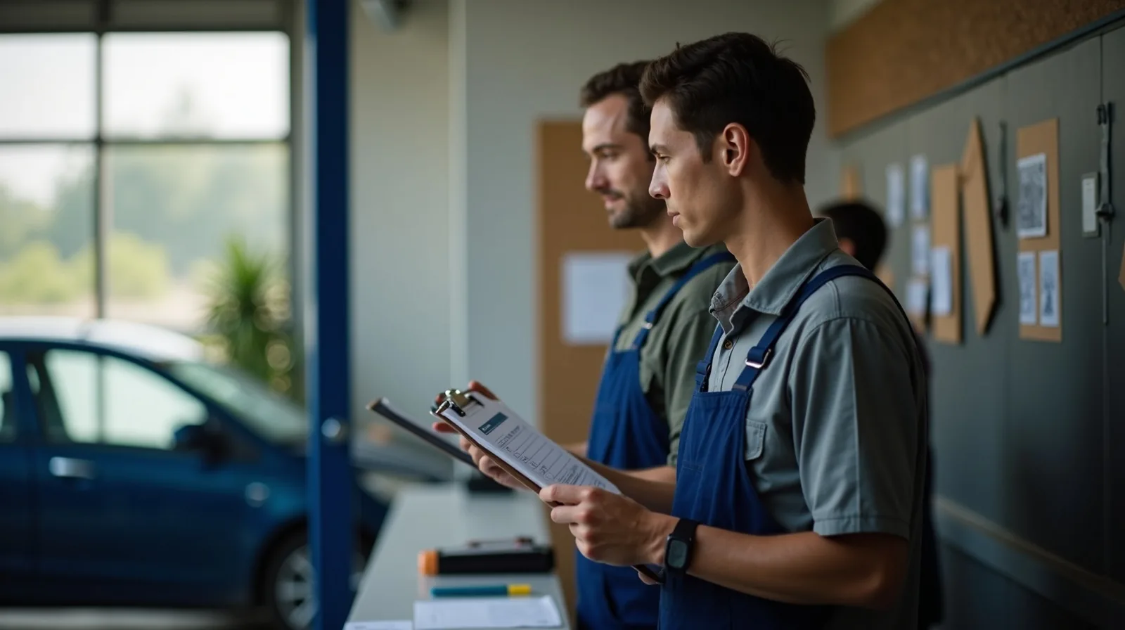 Seen in profile at an auto body shop counter on a weekday morning, holding a clipboard with a repair estimate while a dented car waits through the window behind them
