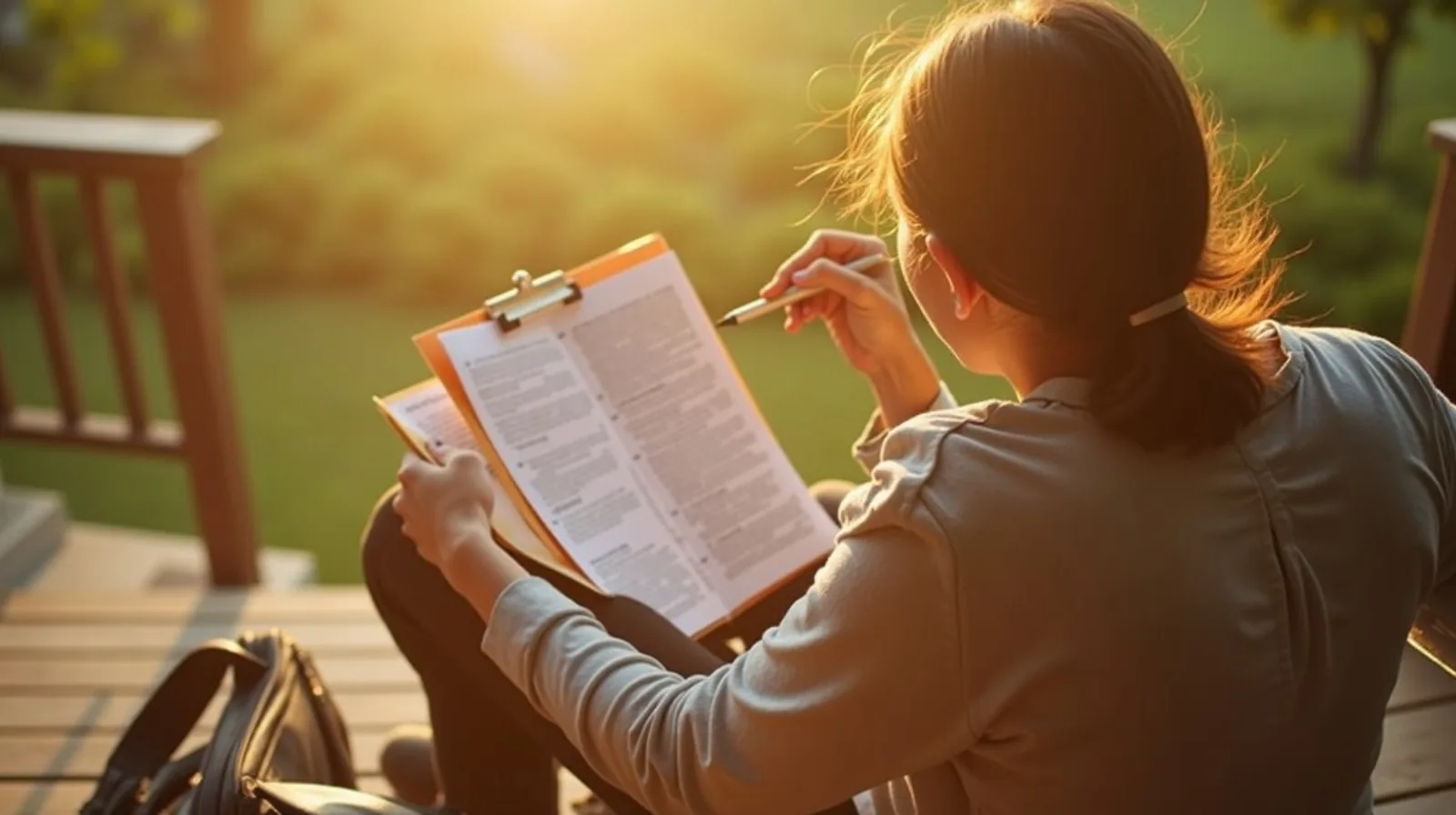 Seen from behind, sitting on back porch steps in the early evening light of late summer, someone flips through a few loose printed pages clipped together, a pen tucked behind their ear and a canvas laptop bag leaning against the railing beside them