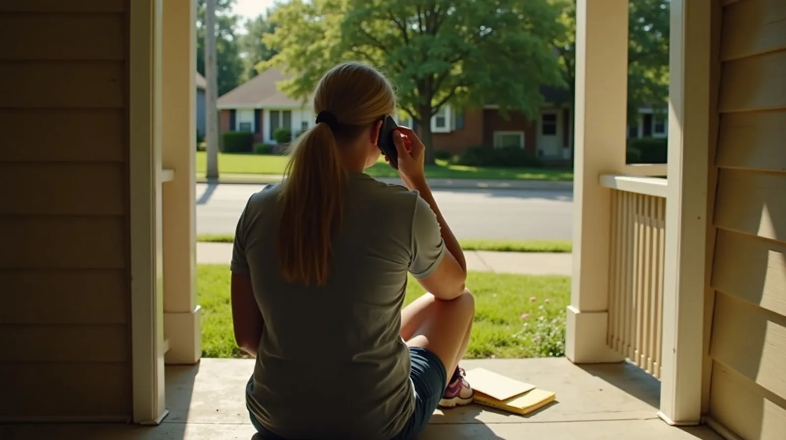 A person seen from behind on a sunny front porch, on the phone with a folder beside them