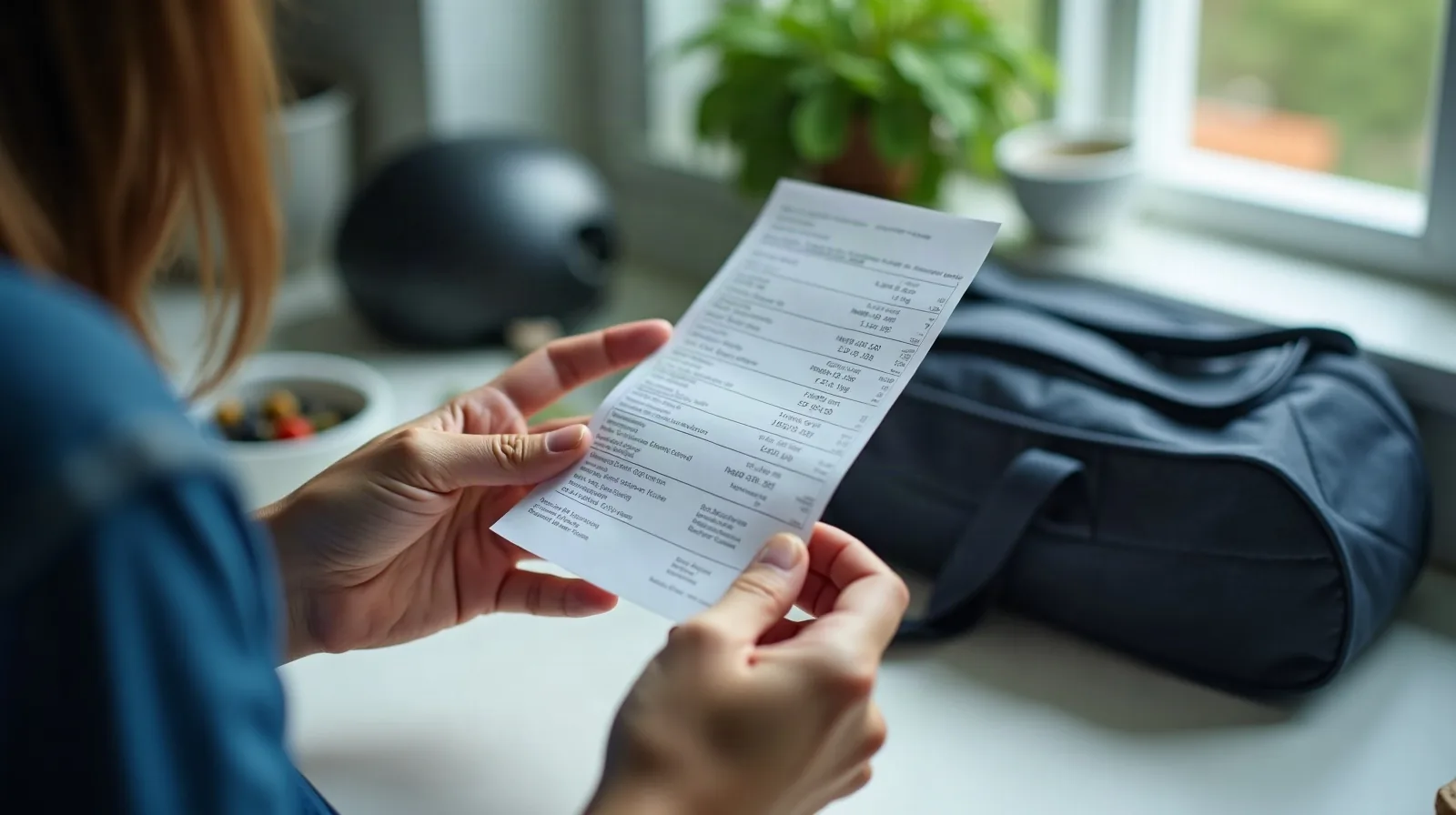 Cropped shoulders-down view at a kitchen counter before work, hands holding a single folded pay stub at arm's length with the printed rows blurred out of focus, a packed lunch bag and a bike helmet resting on the counter nearby