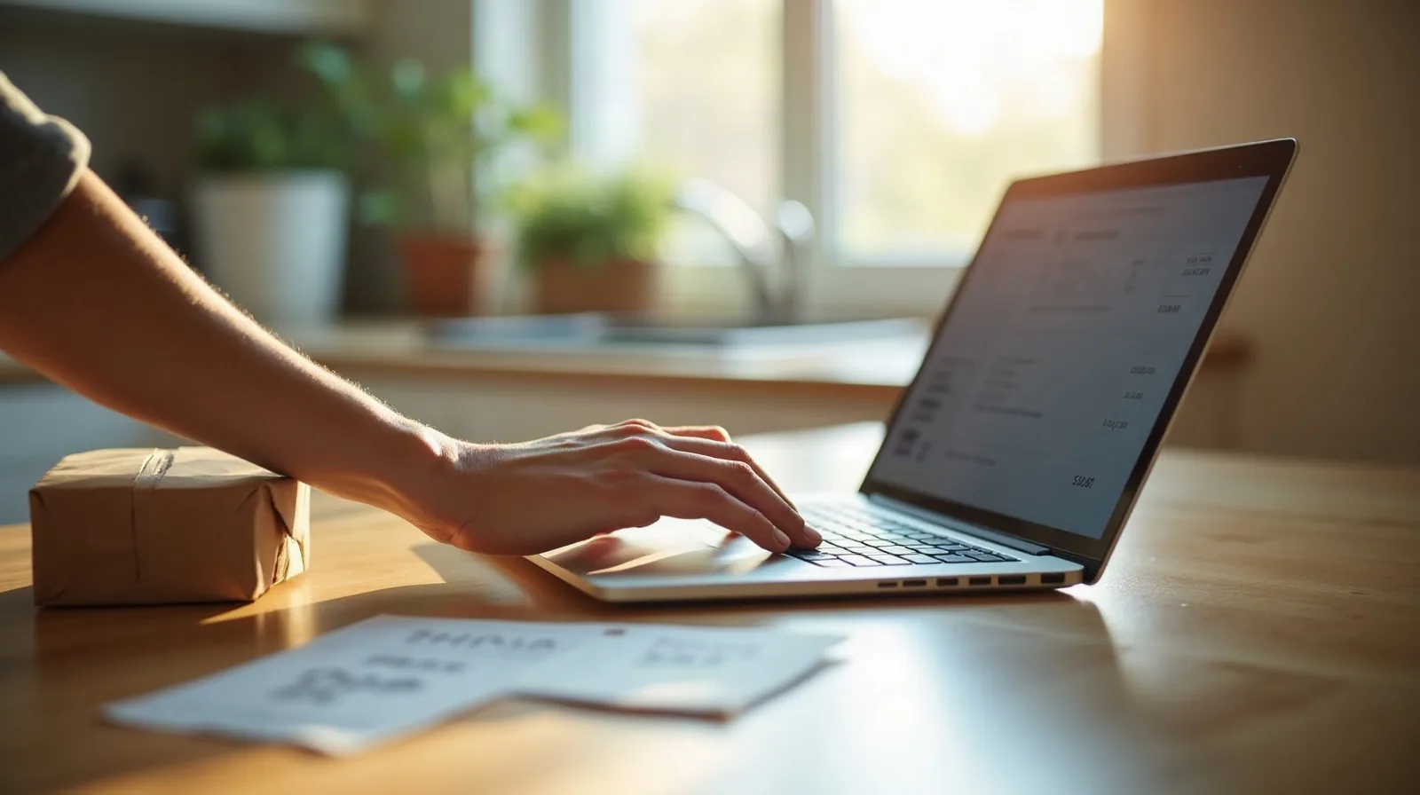 Seen over the shoulder at a kitchen counter on a bright midday, a hand hovers over a laptop trackpad beside a blurred glowing checkout page, a torn-open cardboard shipping box and a return shipping label sitting nearby