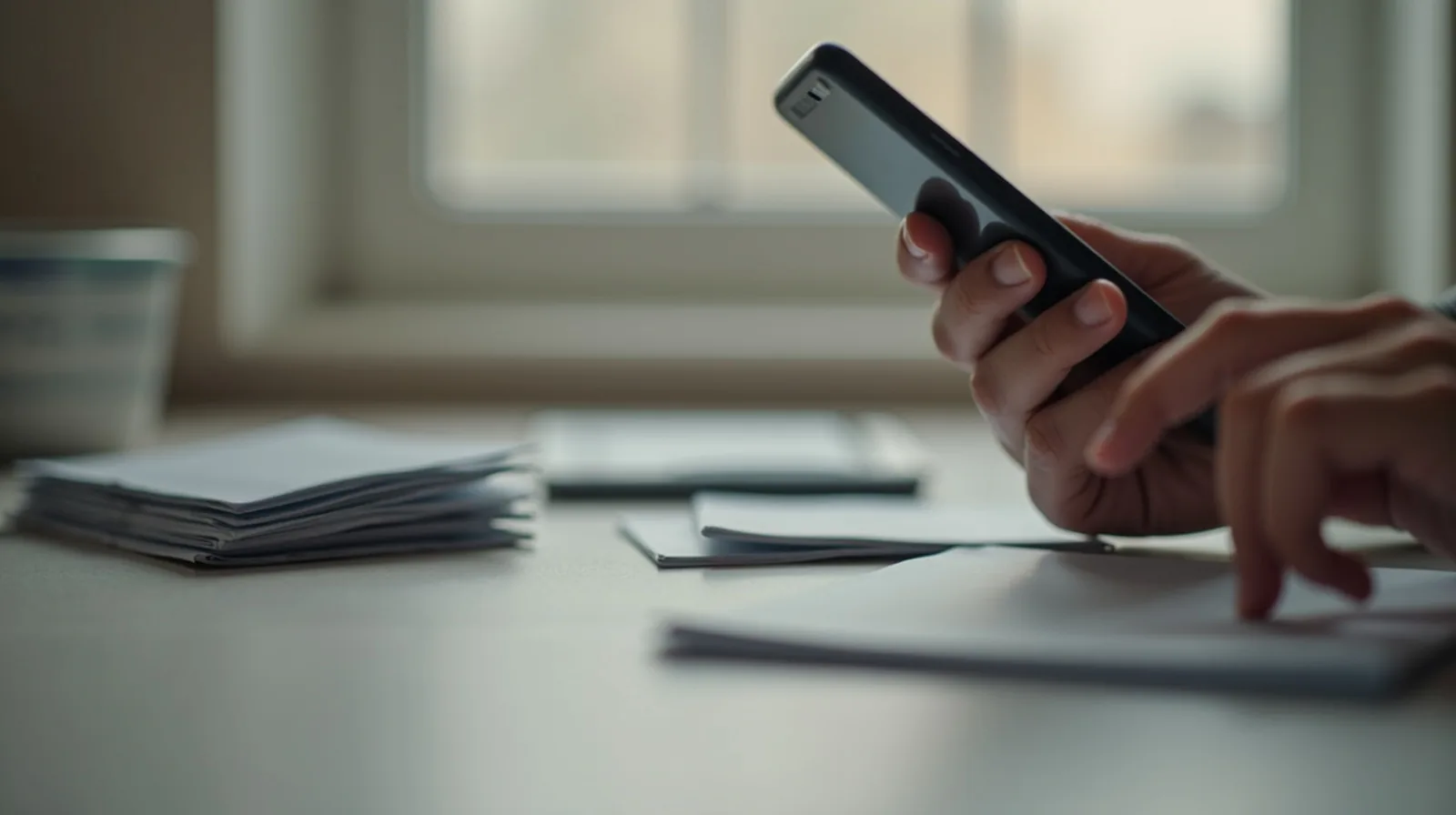 A close-up of a hand hovering over a phone screen beside a stack of unopened mail