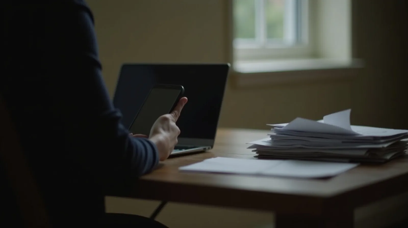 Someone at a kitchen table eyeing their phone warily beside a stack of unopened mail